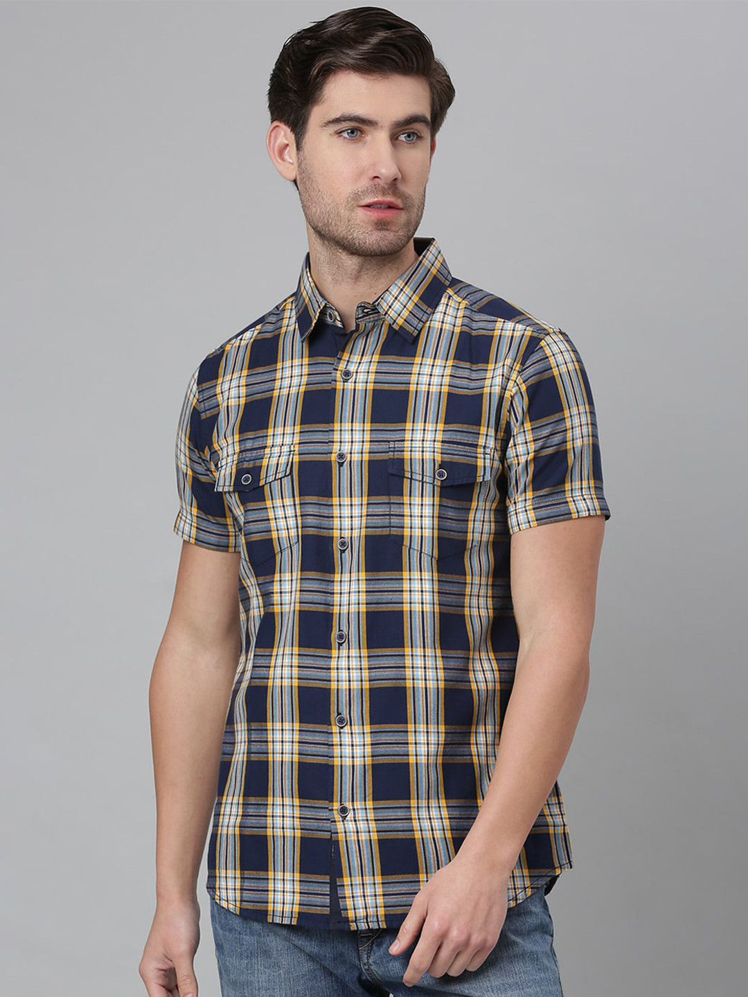 

Thomas Scott Men Blue Slim Fit Tartan Checks Pure Cotton Casual Shirt