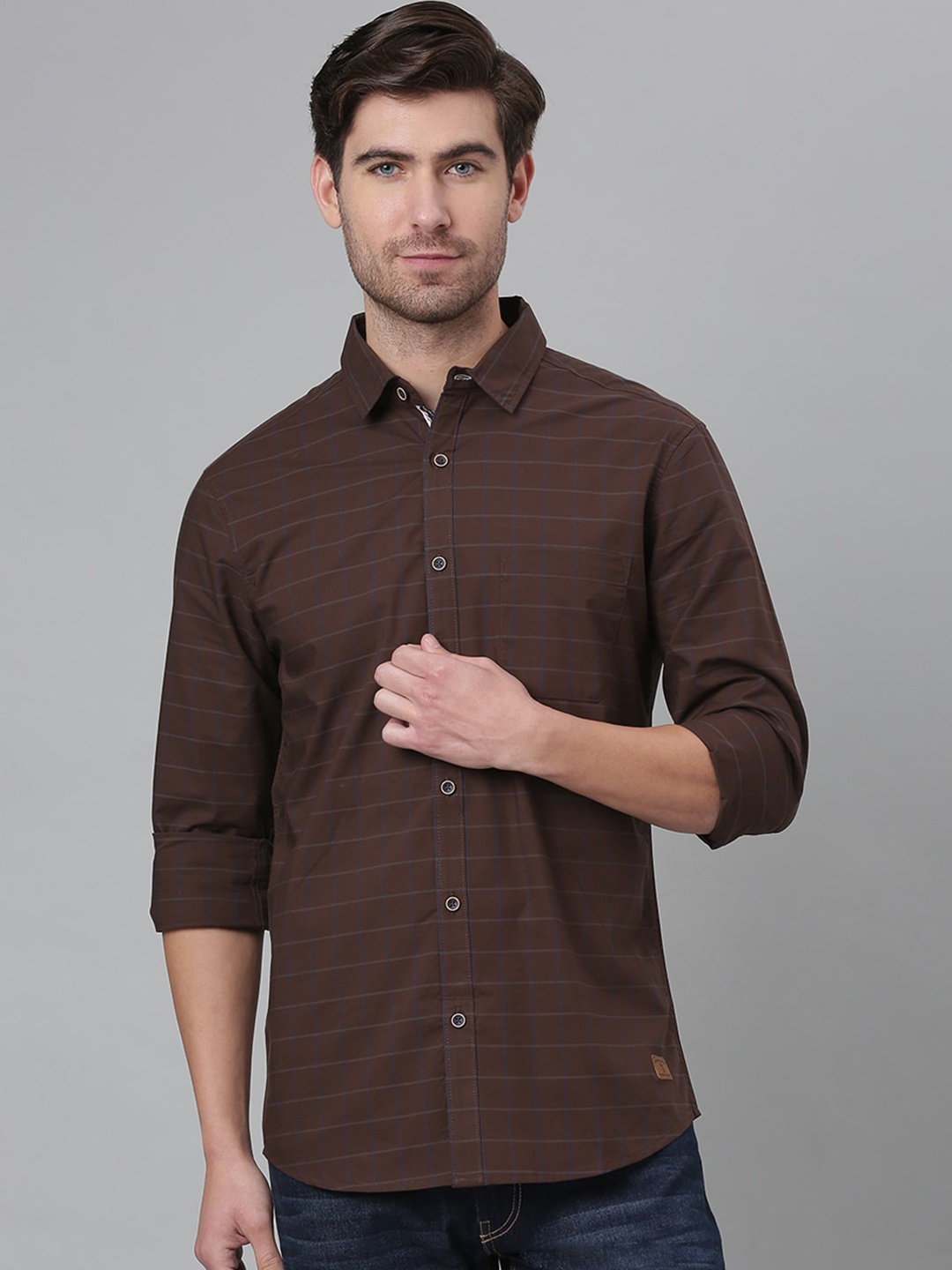 

Thomas Scott Men Brown Relaxed Windowpane Checked Cotton Casual Sustainable Shirt