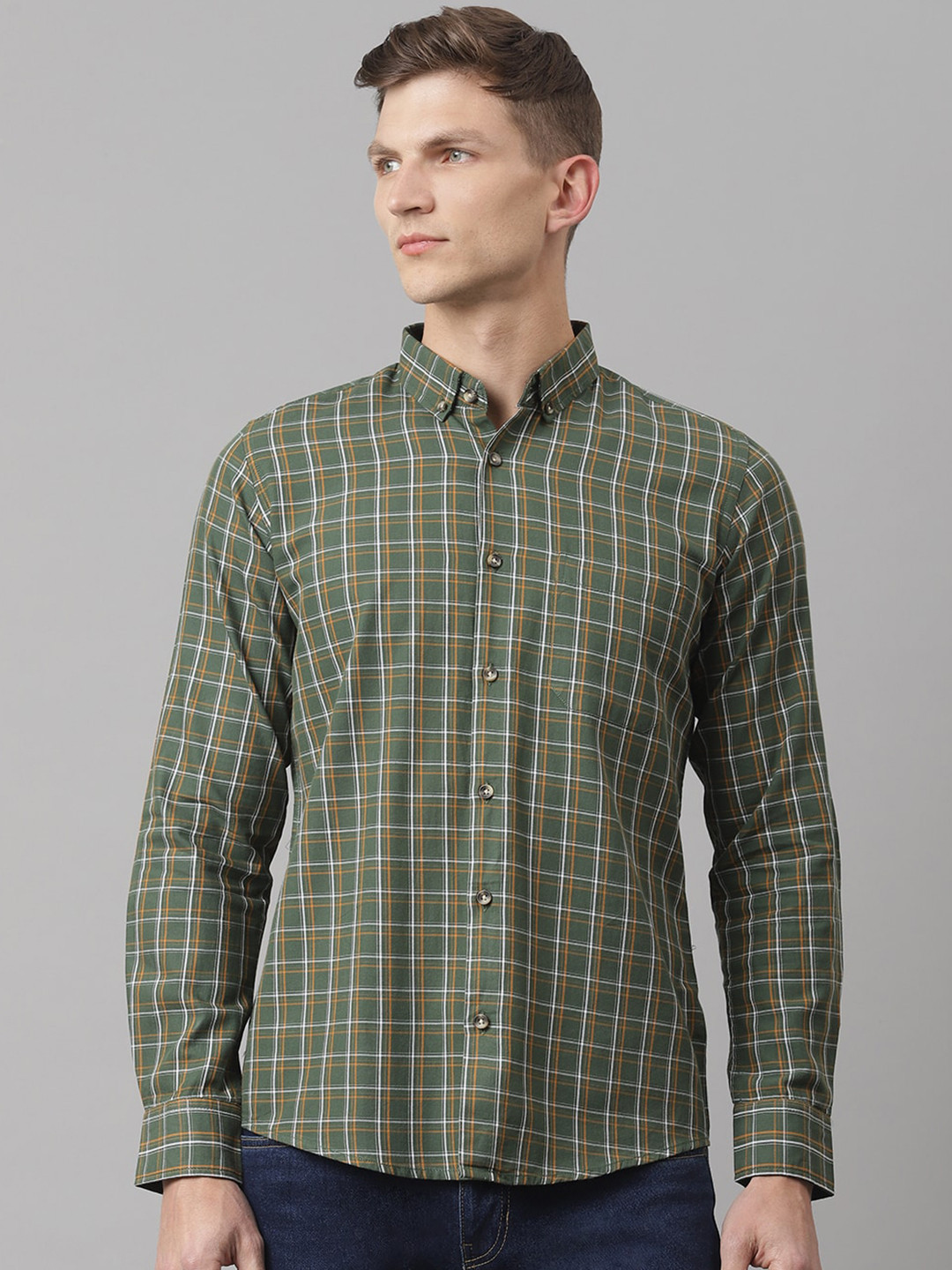 

Thomas Scott Men Green Slim Fit Checked Pure Cotton Casual Shirt