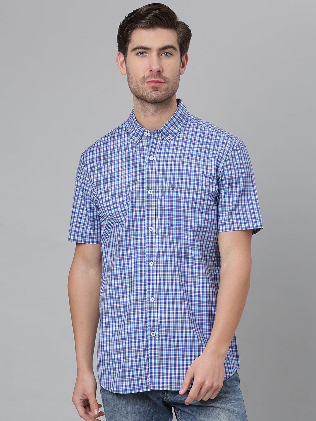 

Thomas Scott Men Blue Gingham Checks Checked Casual Shirt