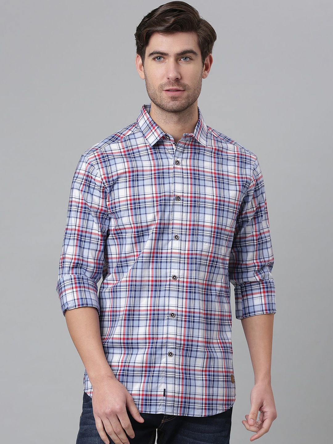 

Thomas Scott Men Blue Relaxed Checked Cotton Casual Sustainable Shirt