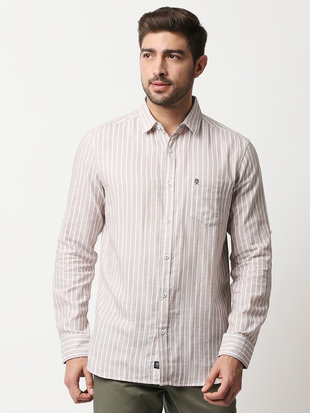 

Thomas Scott Men Beige & White Relaxed Vertical Striped Cotton Casual Sustainable Shirt