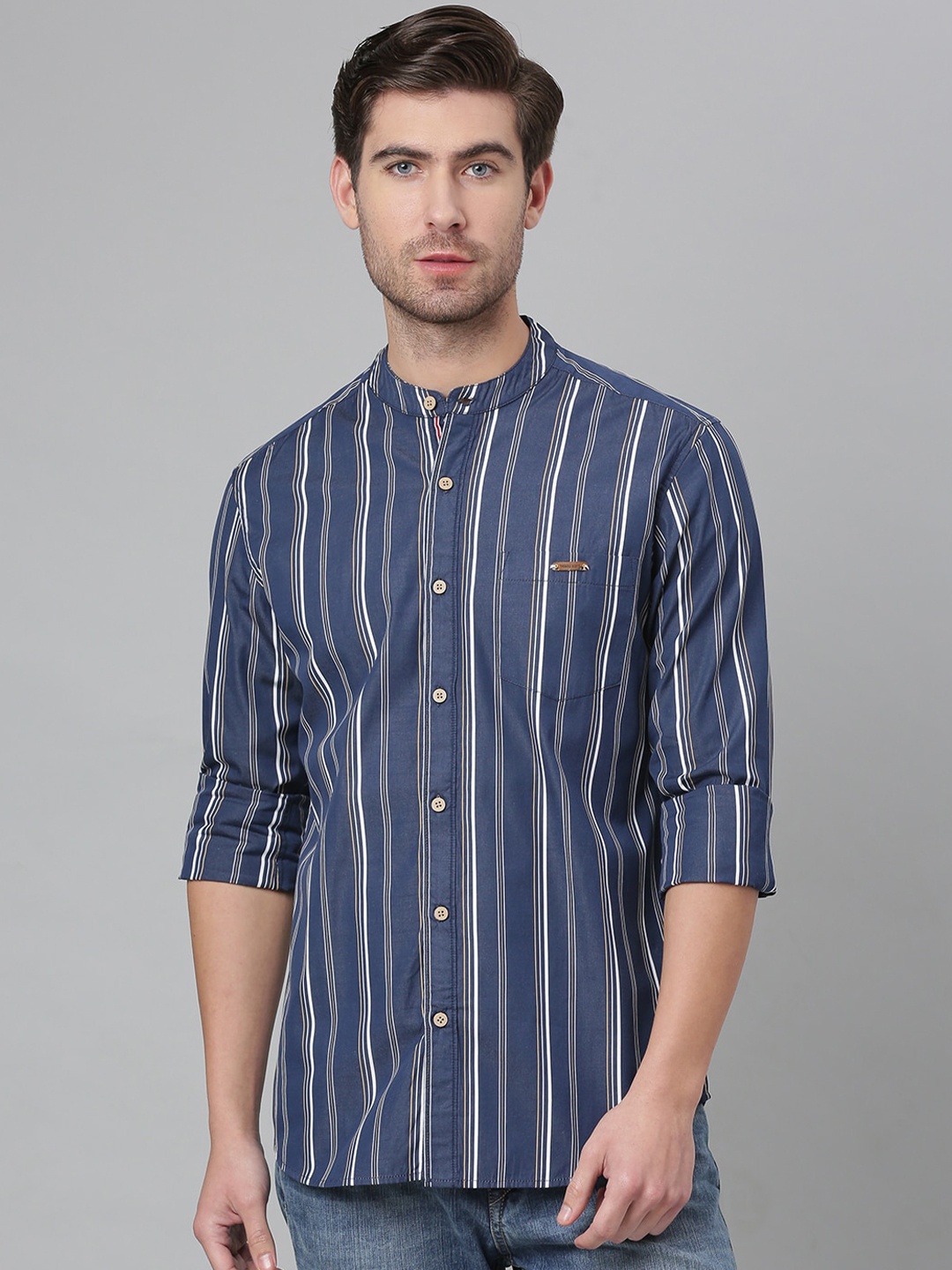 

Thomas Scott Men Blue & White Relaxed Striped Pure Cotton Casual Sustainable Shirt