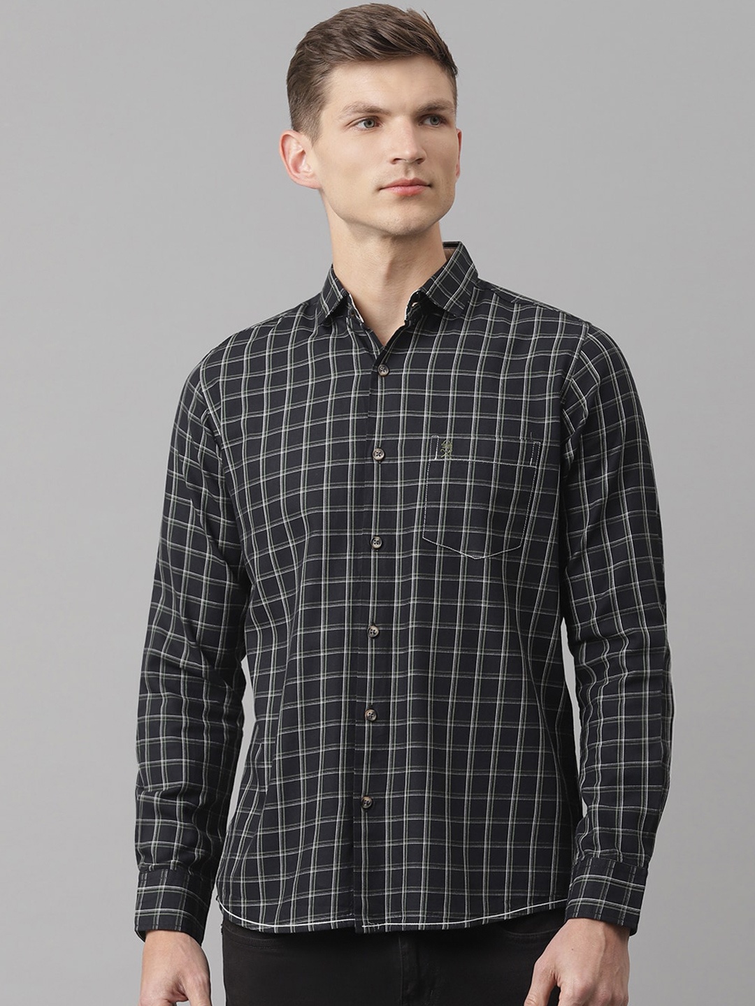 

Thomas Scott Men Blue Slim Fit Checked Cotton Casual Sustainable Shirt, Navy blue