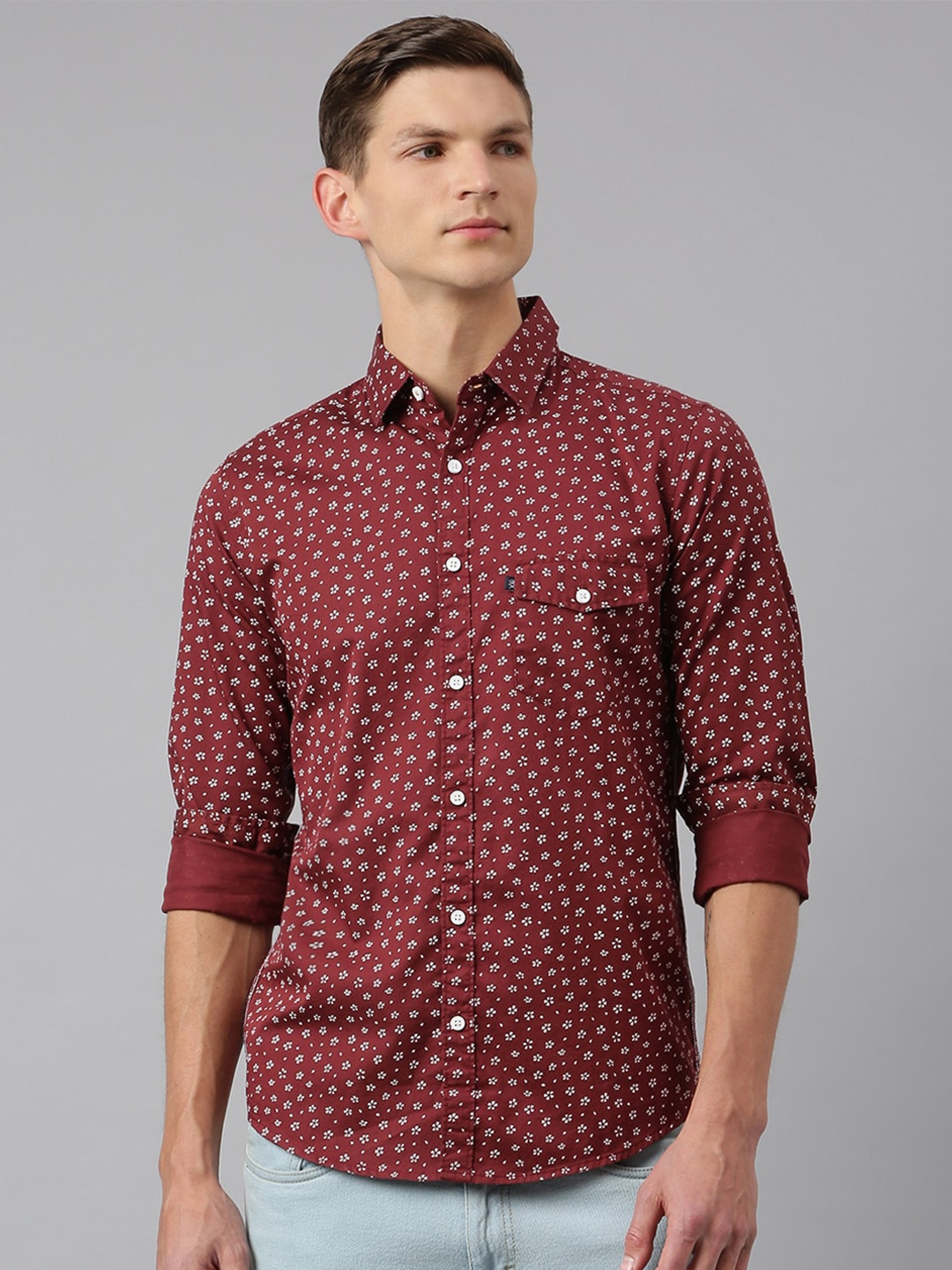 

Thomas Scott Men Burgundy & White Slim Fit Printed Cotton Casual Sustainable Shirt