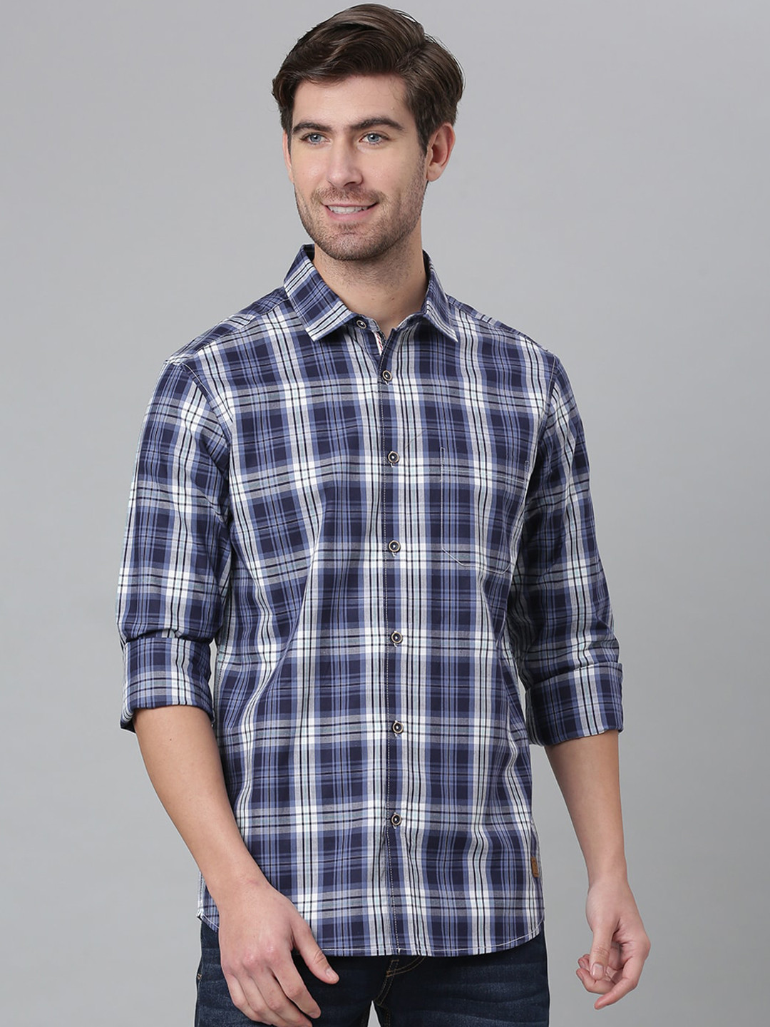 

Thomas Scott Men Blue Relaxed Checked Cotton Casual Sustainable Shirt