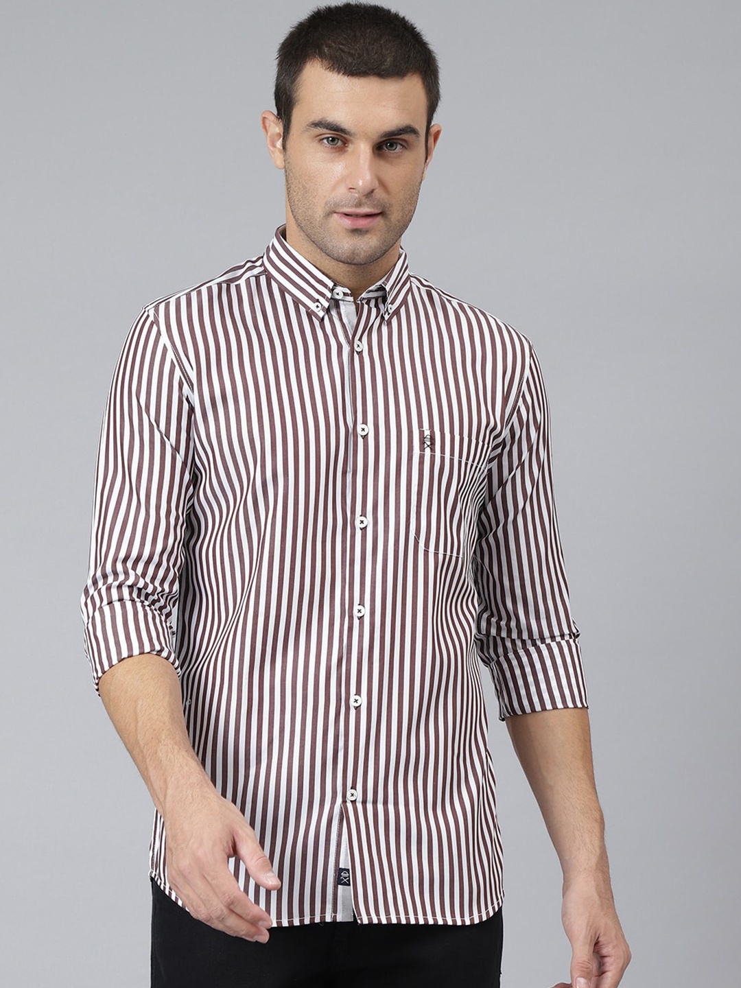 

Thomas Scott Men Brown & White Relaxed Striped Button-Down Collar Cotton Casual Sustainable Shirt