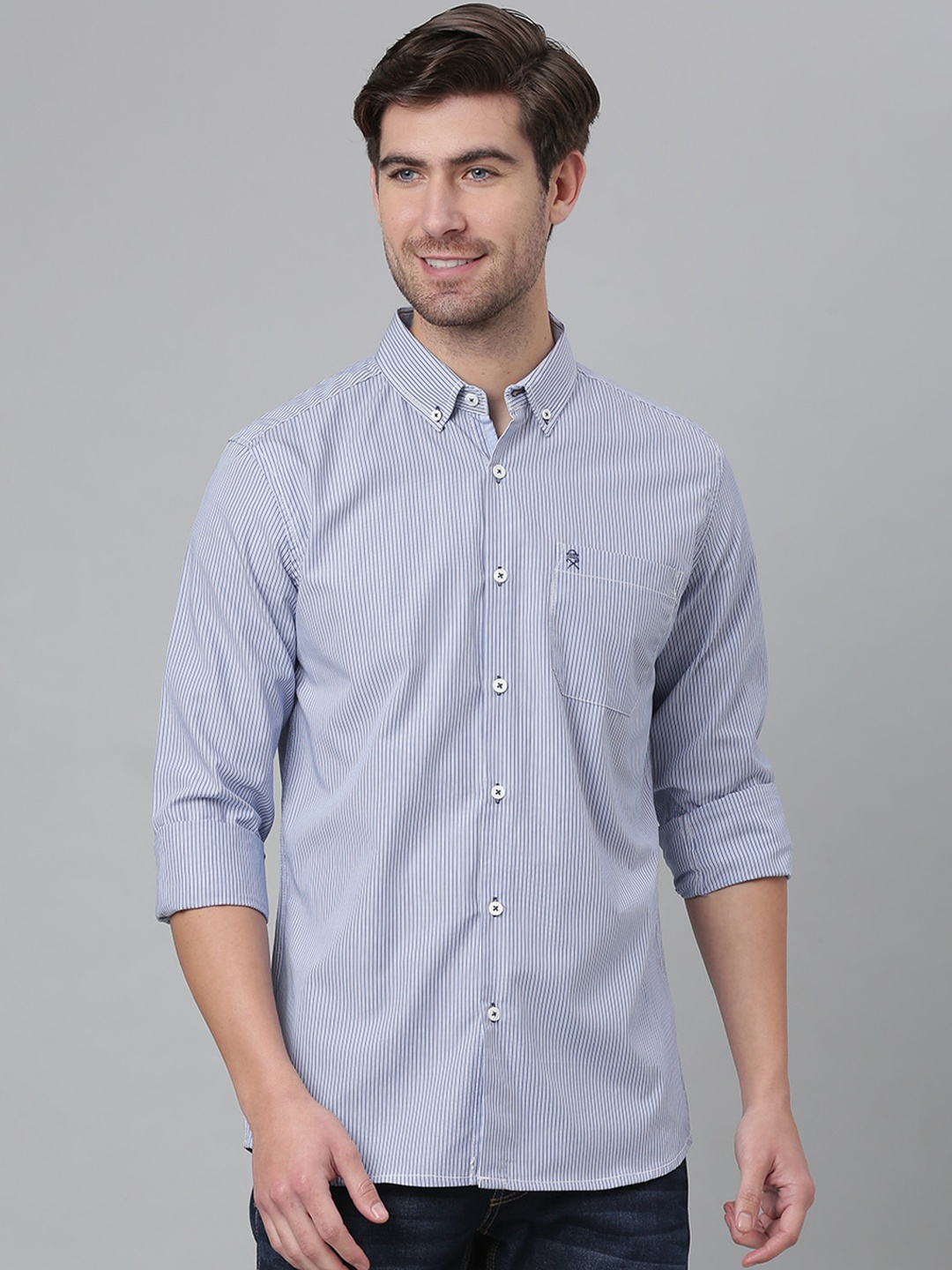 

Thomas Scott Men Blue Cotton Pinstripes Striped Casual Sustainable Shirt