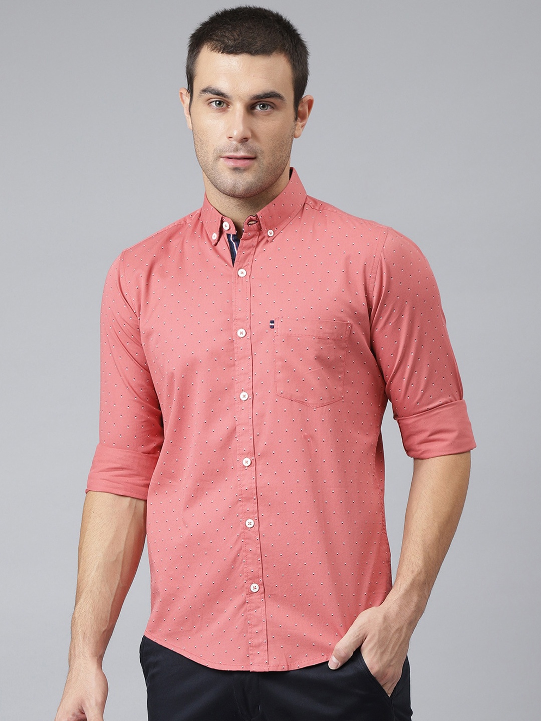 

Thomas Scott Men Coral & White Slim Fit Printed Pure Cotton Casual Sustainable Shirt