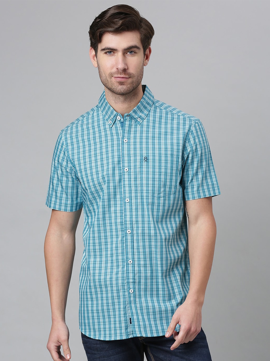 

Thomas Scott Men Blue & White Relaxed Gingham Checks Checked Cotton Casual Shirt