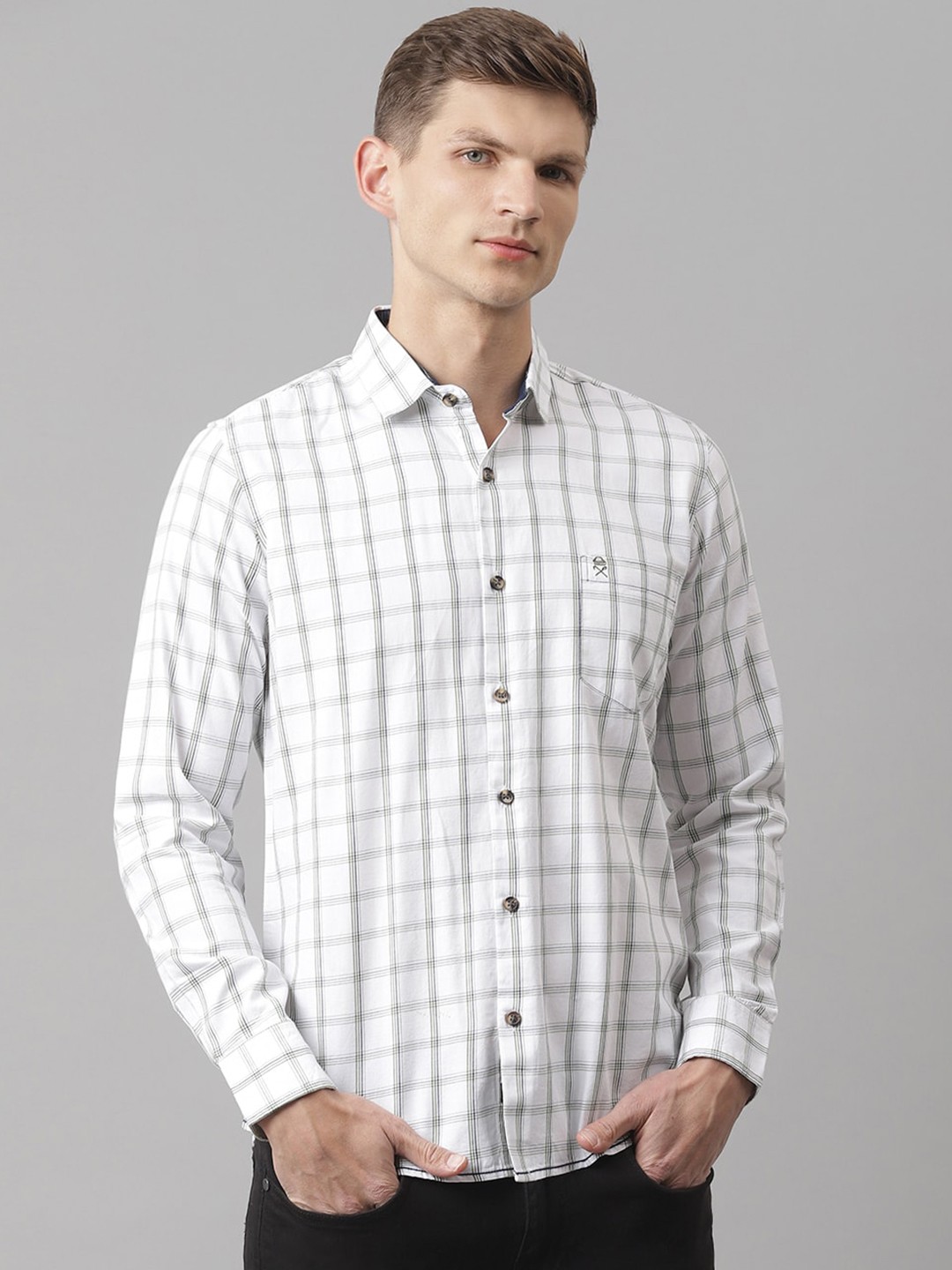 

Thomas Scott Men White & Green Slim Fit Checked Cotton Casual Sustainable Shirt