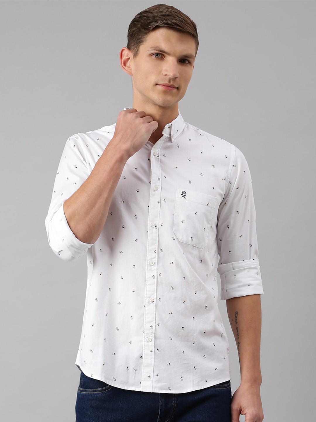 

Thomas Scott Men White Slim Fit Printed Pure Cotton Casual Sustainable Shirt