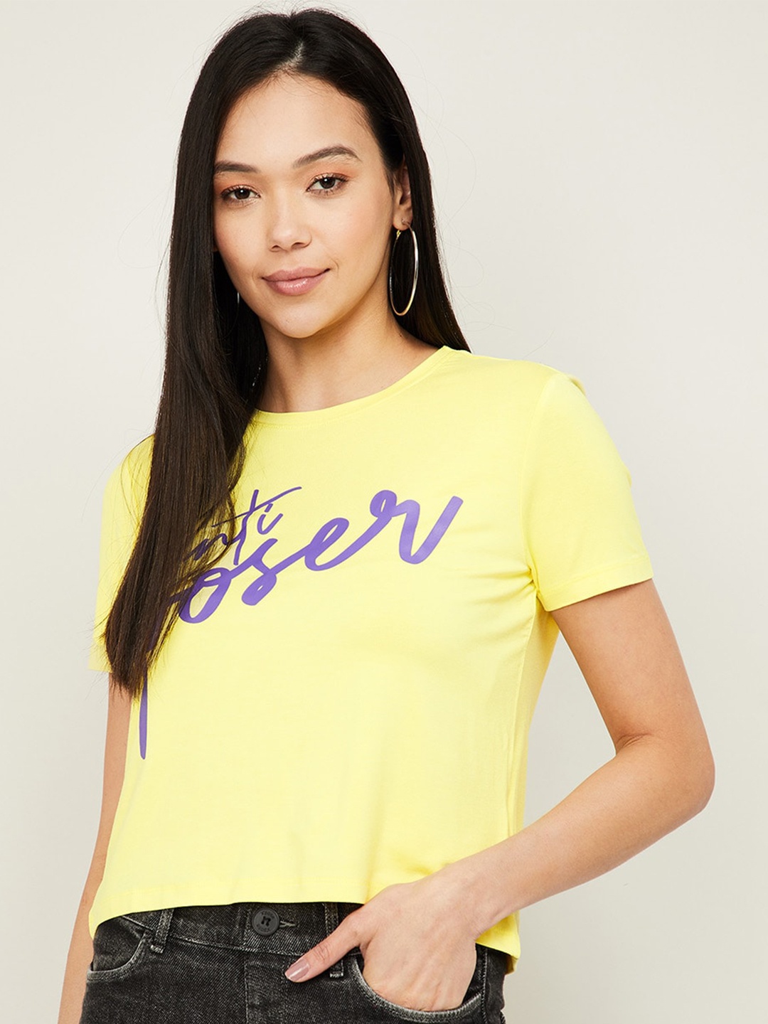 

Ginger by Lifestyle Yellow Typography Printed Cropped Knitted Boxy Top