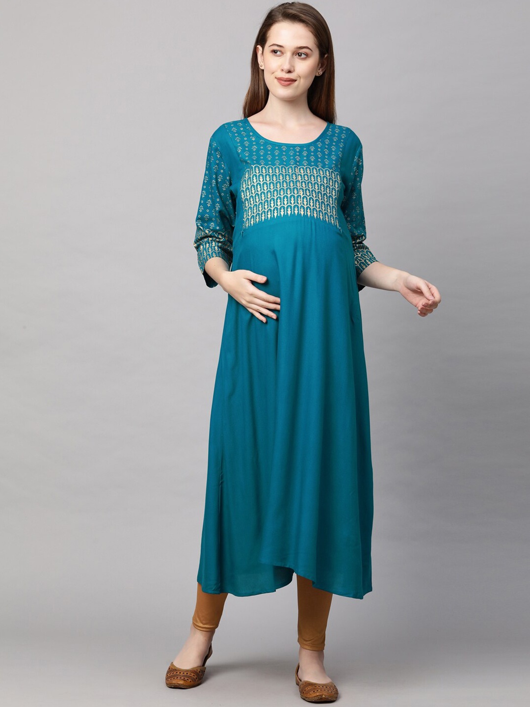 

MomToBe Women Blue Ethnic Motifs Yoke Design Maternity Nursing Kurta