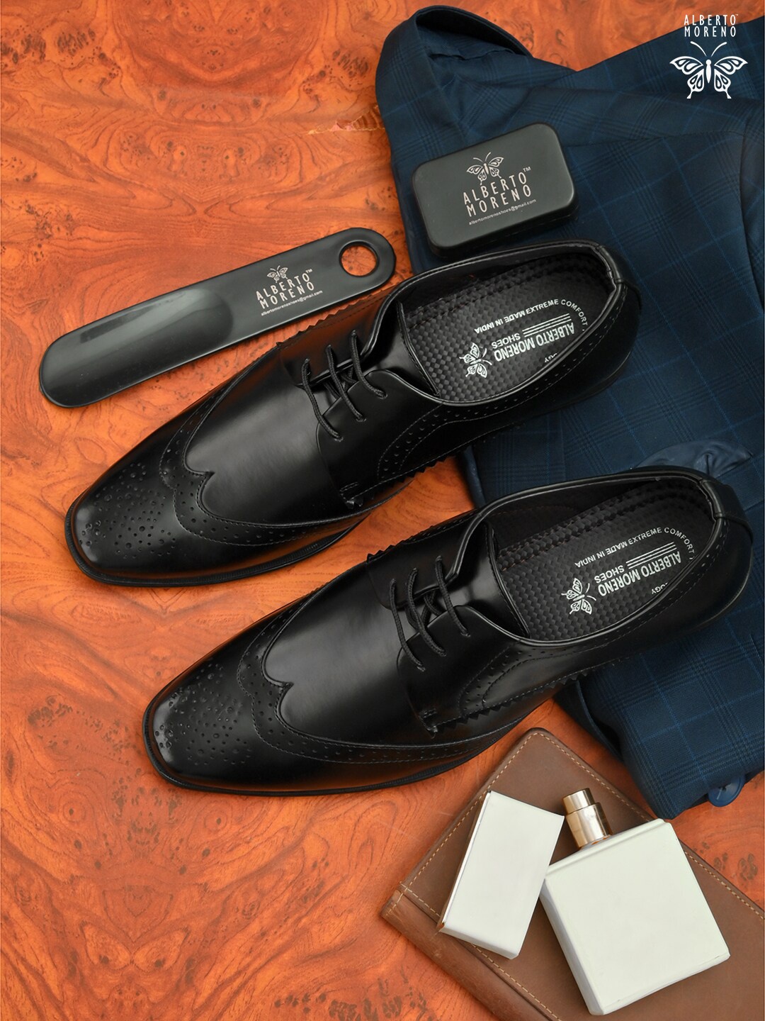 

ALBERTO MORENO Men Black Solid Formal Brogues