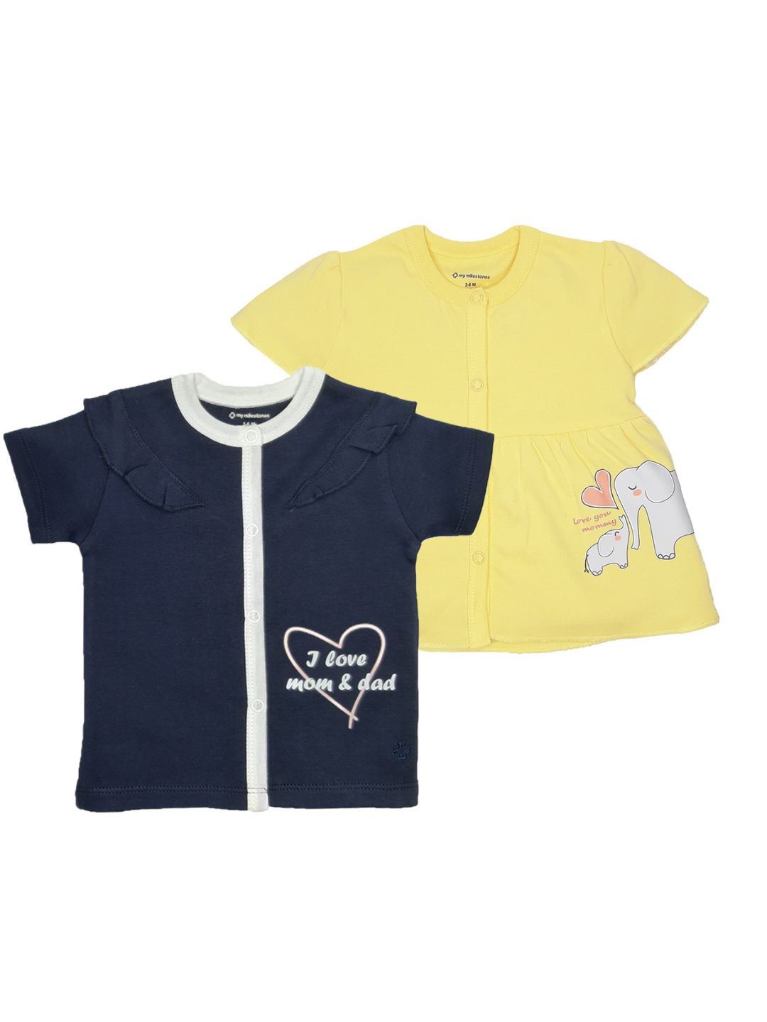 

My Milestones Set Of 2 Infants Girls Navy Blue & Yellow Regular Fit Printed T-shirt