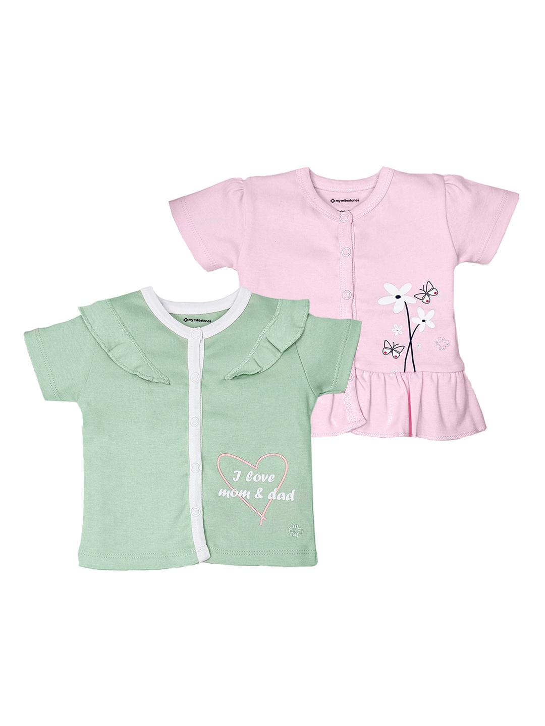 

My Milestones Infants Girls Pack Of 2 Green & Pink Printed T-shirt