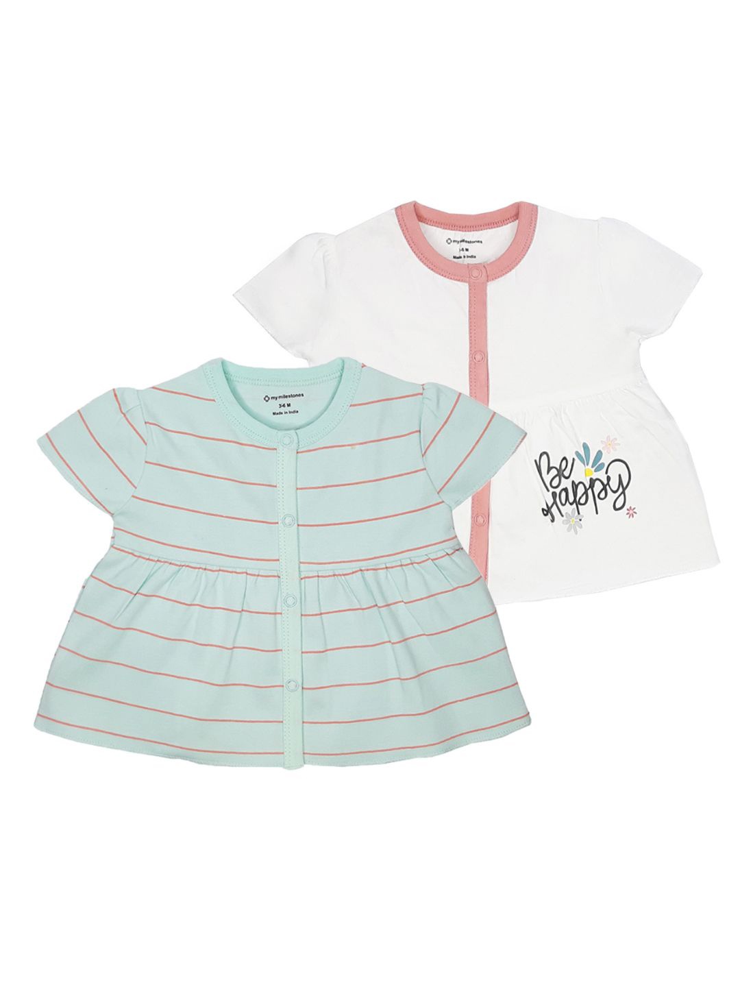 

My Milestones Infants Girls Pack of 2 White & Sea Green Cotton Printed Henley Neck T-shirt