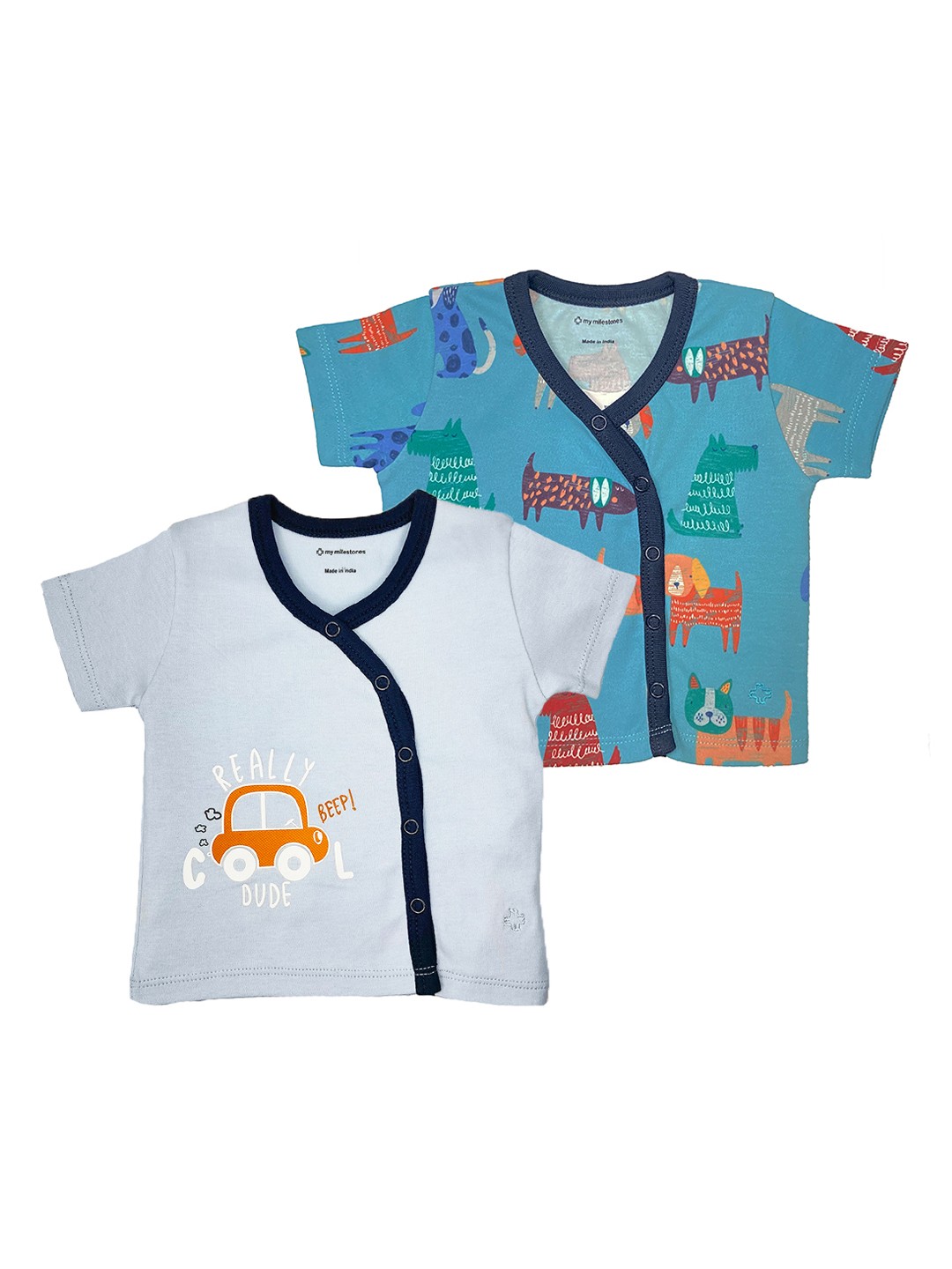 

My Milestones Infants Girls Pack of 2 Printed V-Neck Cotton T-shirt, Blue