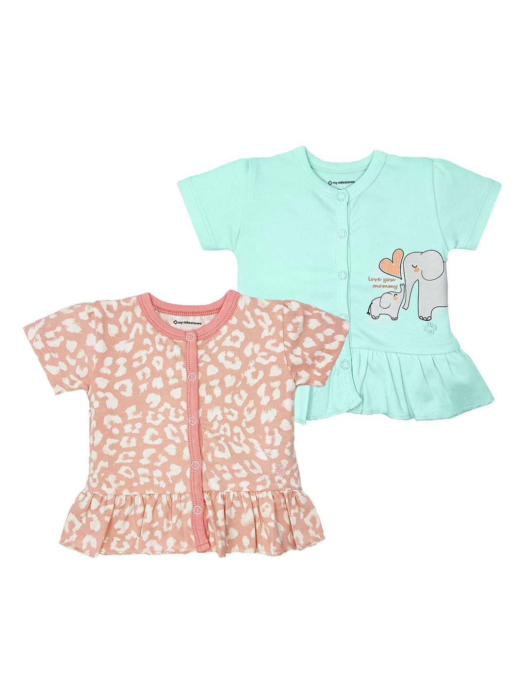 

My Milestones Set Of 2 Infants Girls Pink & Blue Regular Fit Printed T-shirt