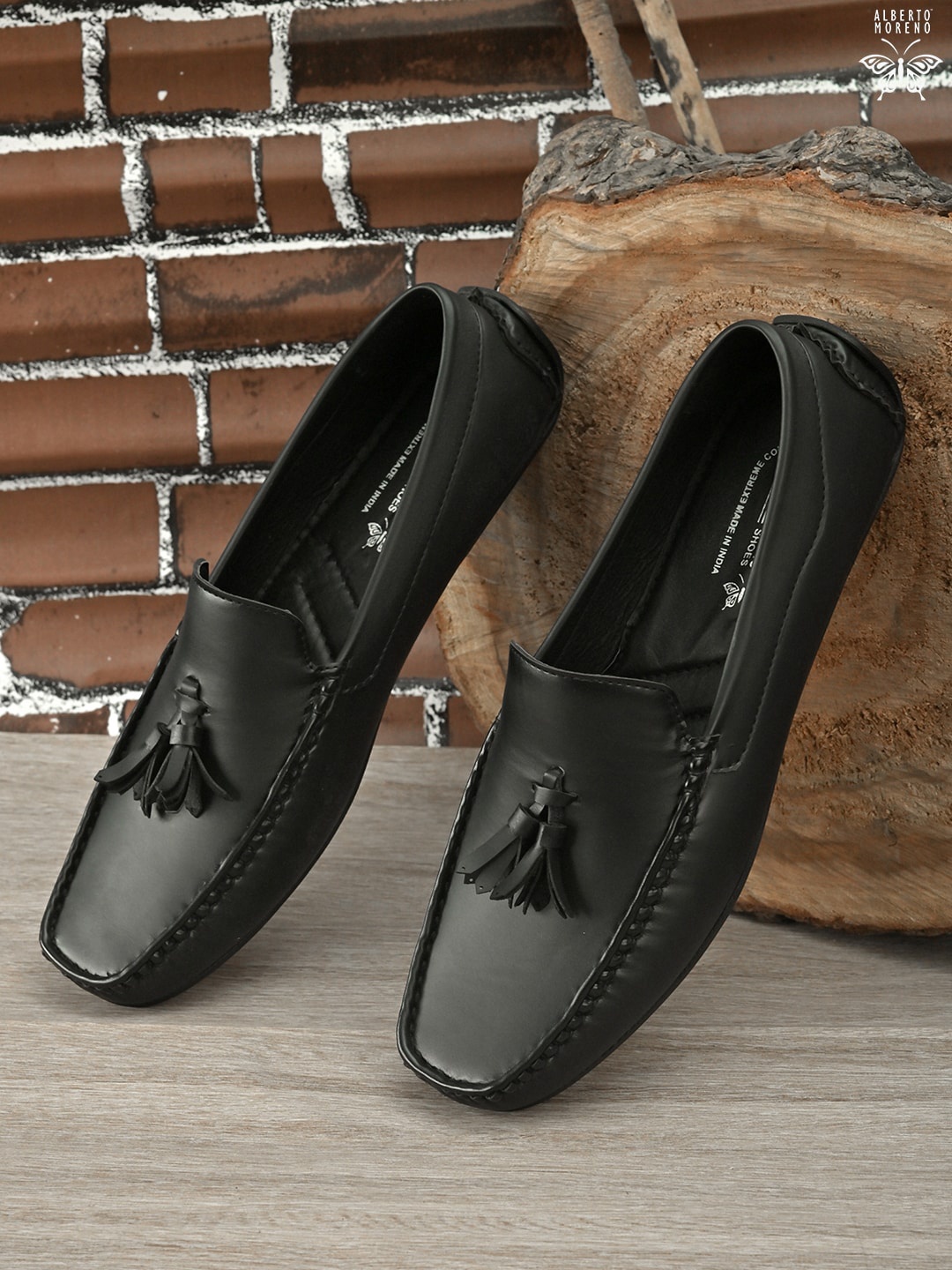 

ALBERTO MORENO Men Black Leather Loafers