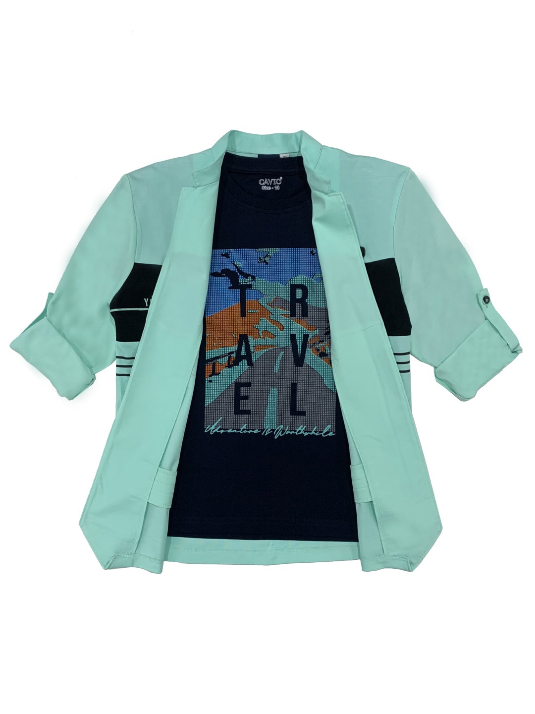 

CAVIO Boys Green & Black Striped Casual Shirt & T-Shirt