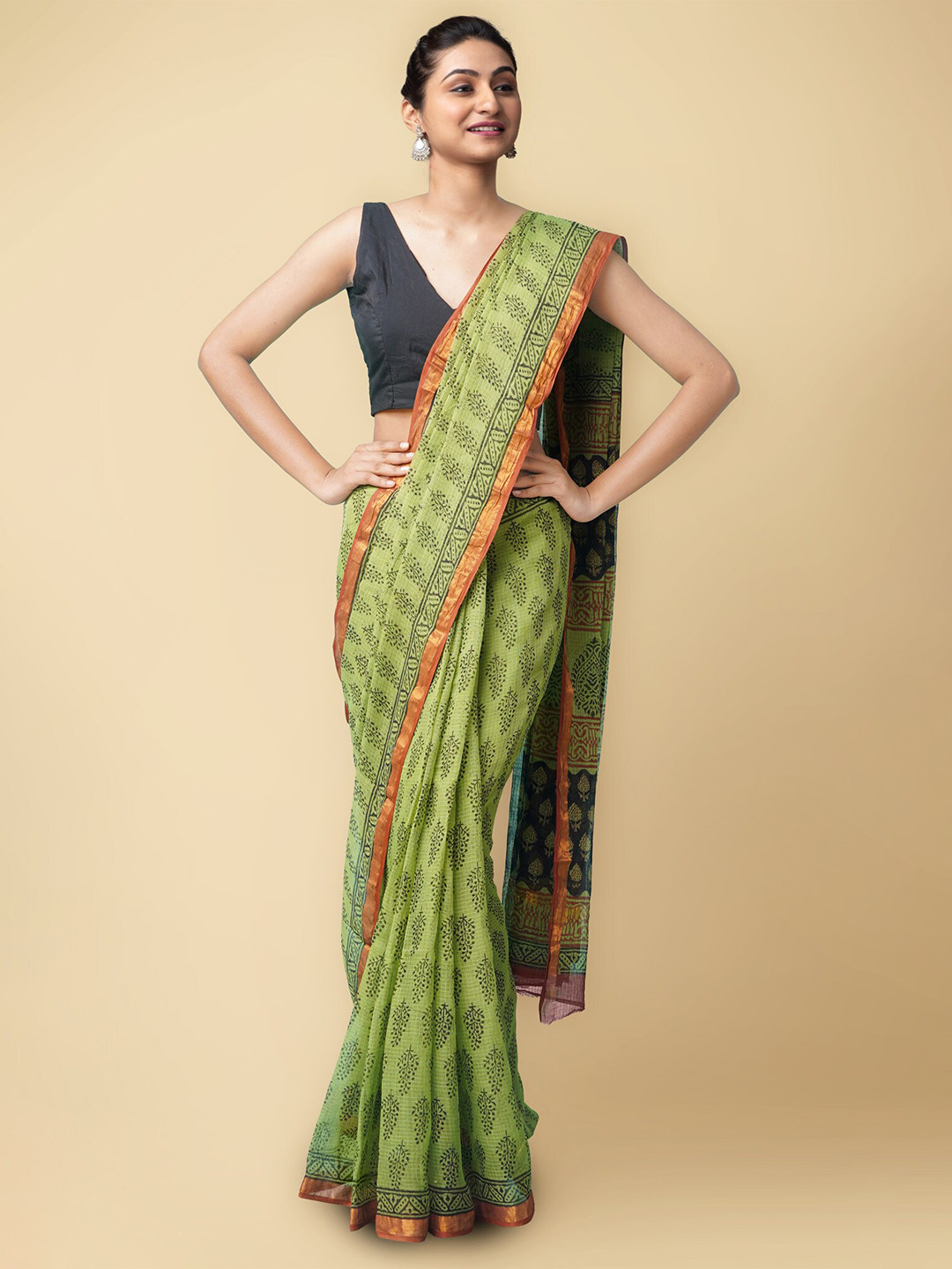

Unnati Silks Green & Orange Ethnic Handloom Pure Cotton Kota Saree