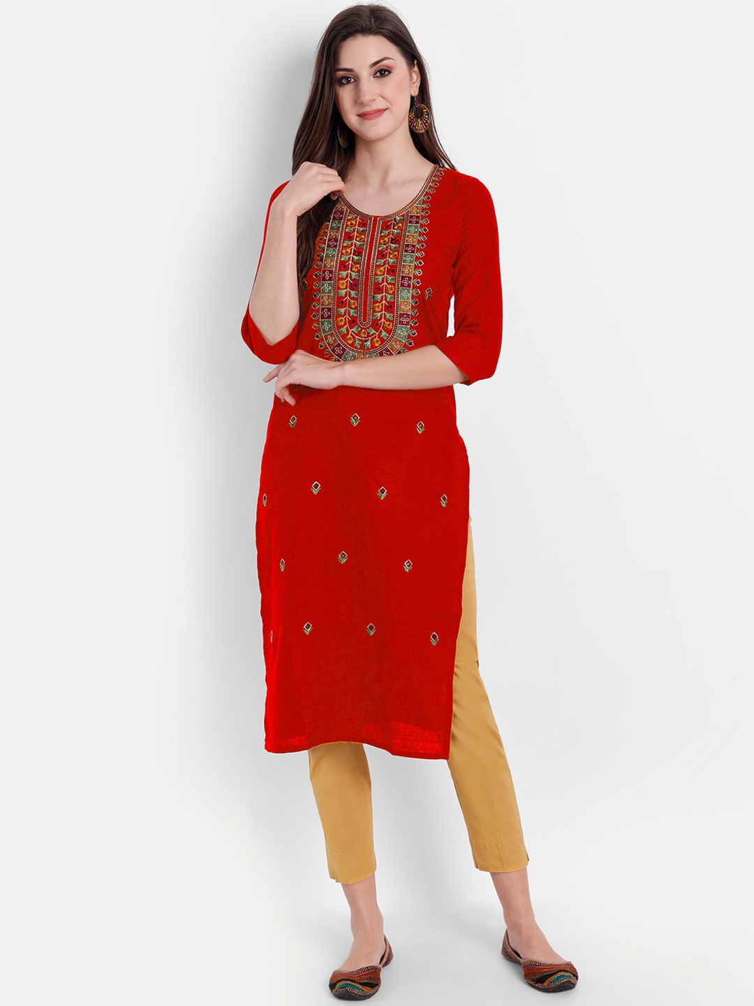 

Globon Impex Women Red Floral Embroidered Thread Work Floral Kurta