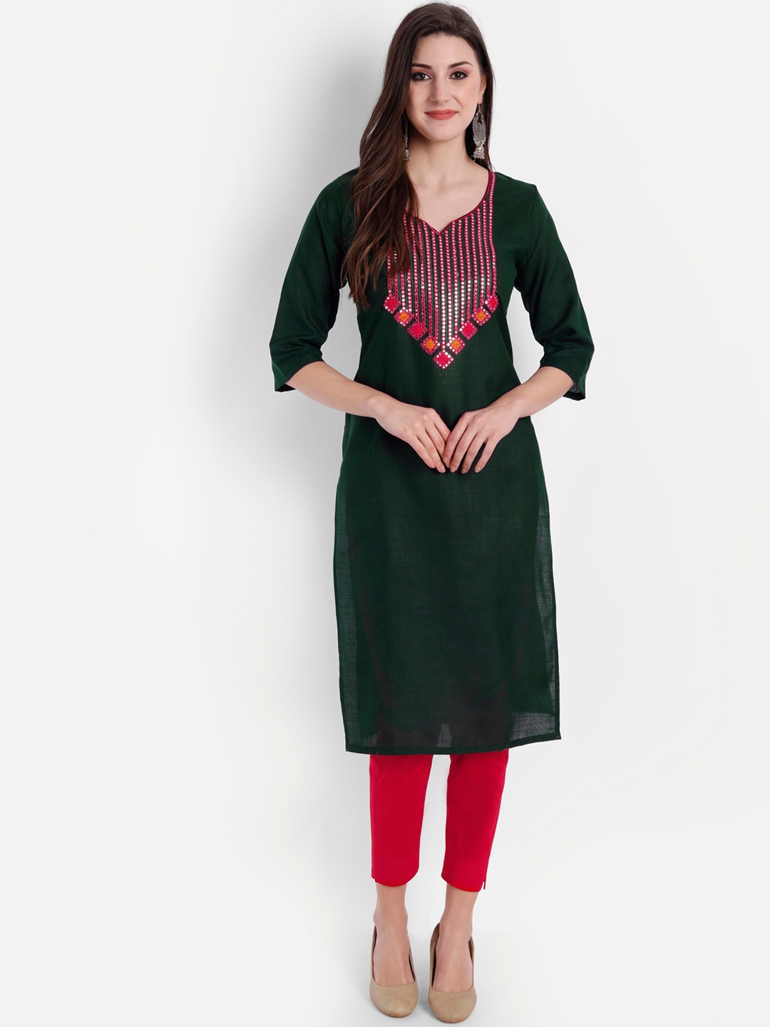 

Globon Impex Women Green & Magenta Embellished Mirror Work Floral Kurta