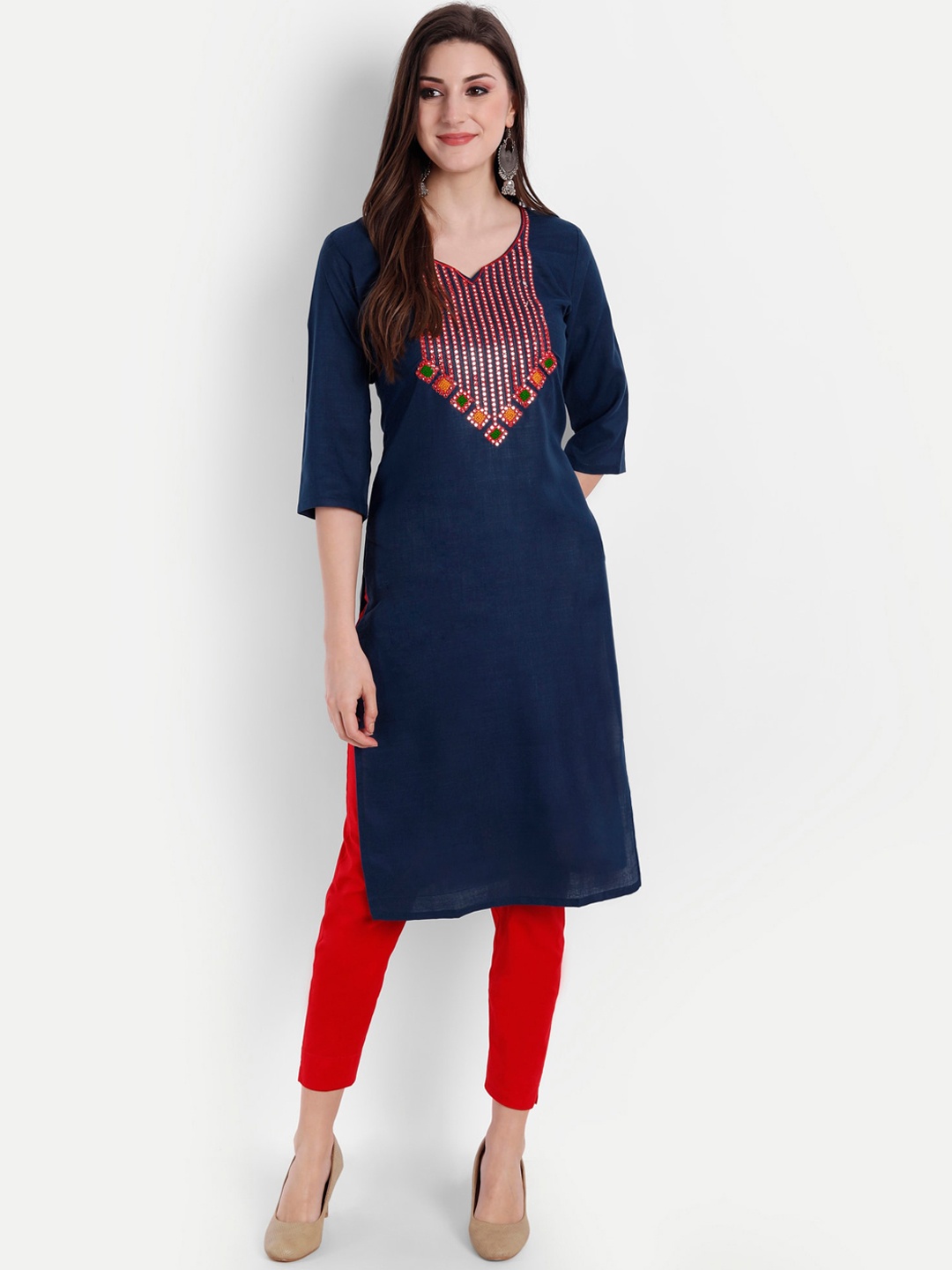 

Globon Impex Women Navy Blue Yoke Design Mirror Work Indigo Kurta