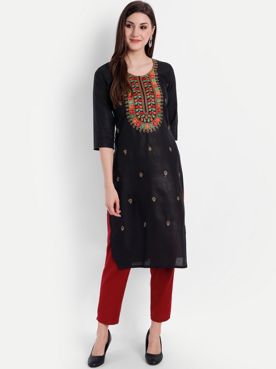 

Globon Impex Women Black Ethnic Motifs Yoke Design Thread Work Floral Kurta