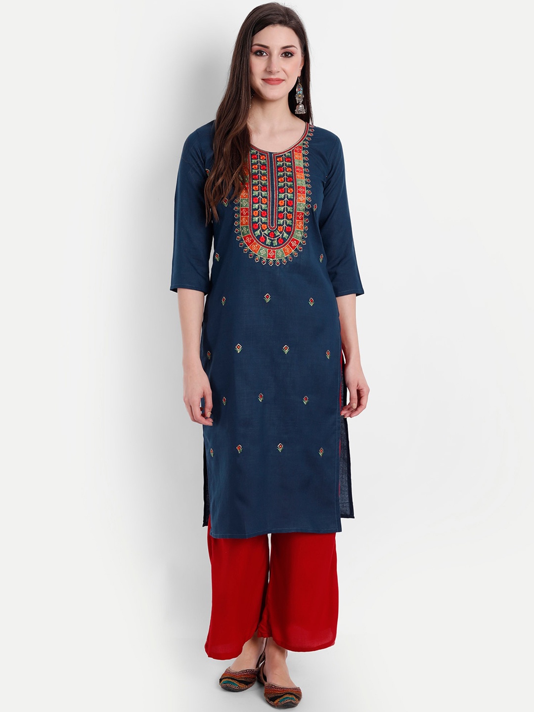 Globon Impex Women Navy Blue Ethnic Motifs Embroidered Kurta