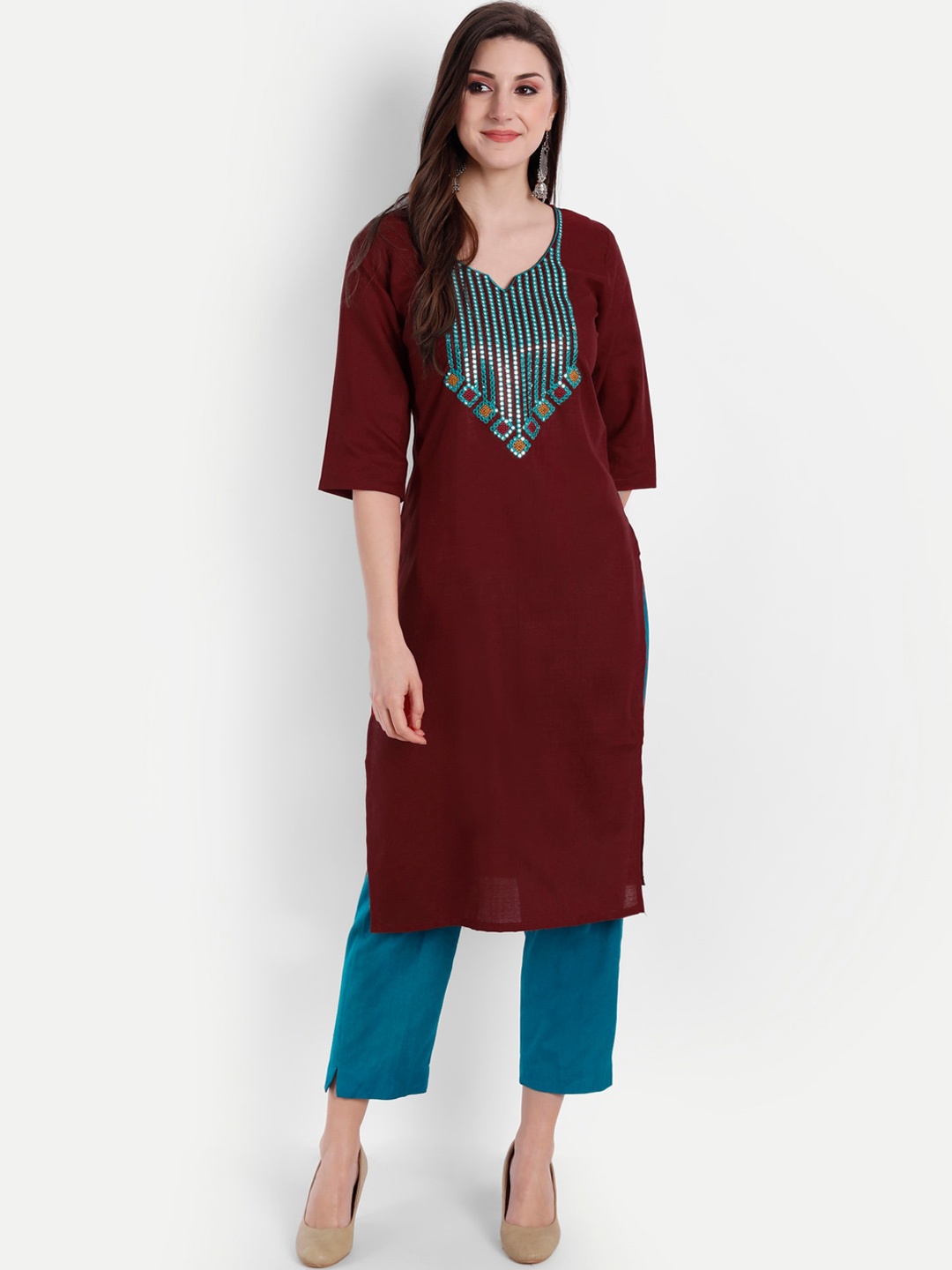 

Globon Impex Women Maroon & Blue Yoke Design Mirror Work Kurta
