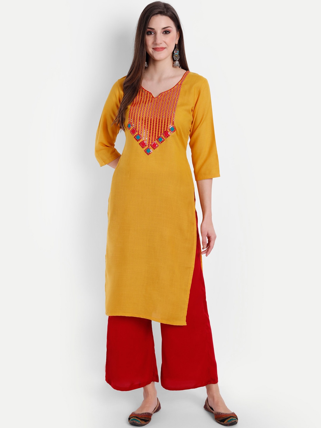 

Globon Impex Women Mustard Yellow Embroidered Thread Work Kurta