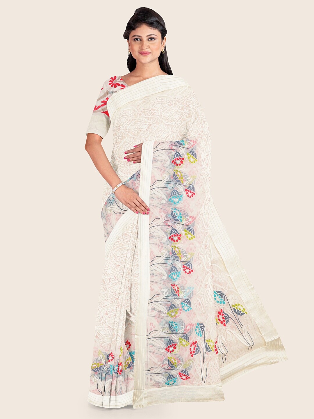 

Pothys White Floral Printed Tissue Saree