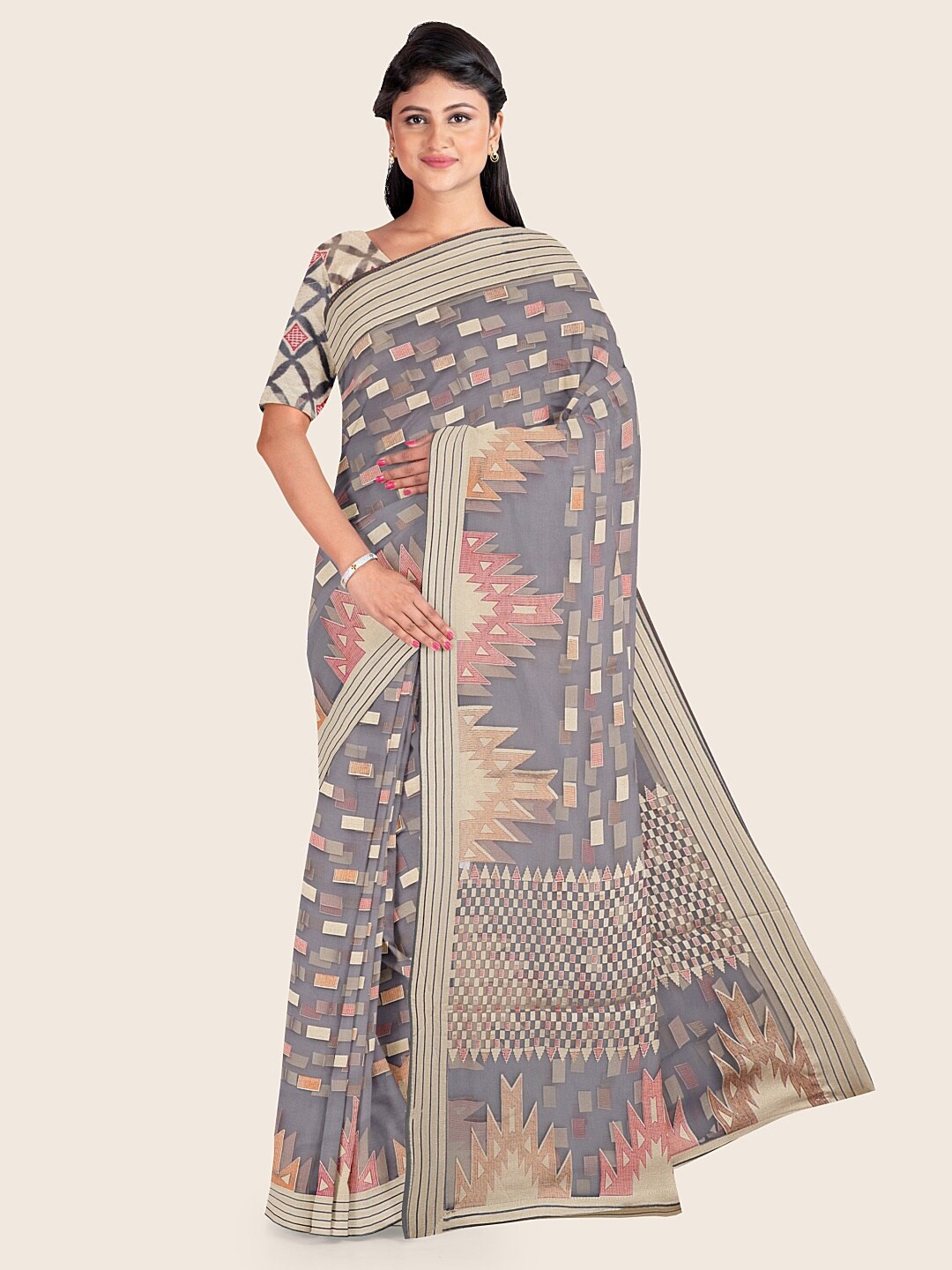 

Pothys Grey & Pink Geometric Printed Tissue Saree