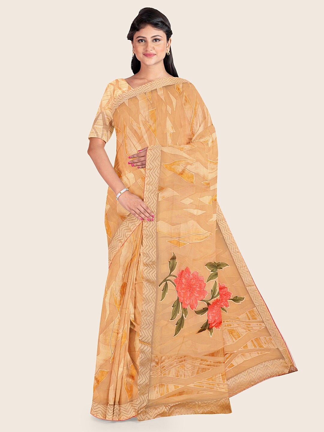 

Pothys Cream-Coloured & Red Printed Saree