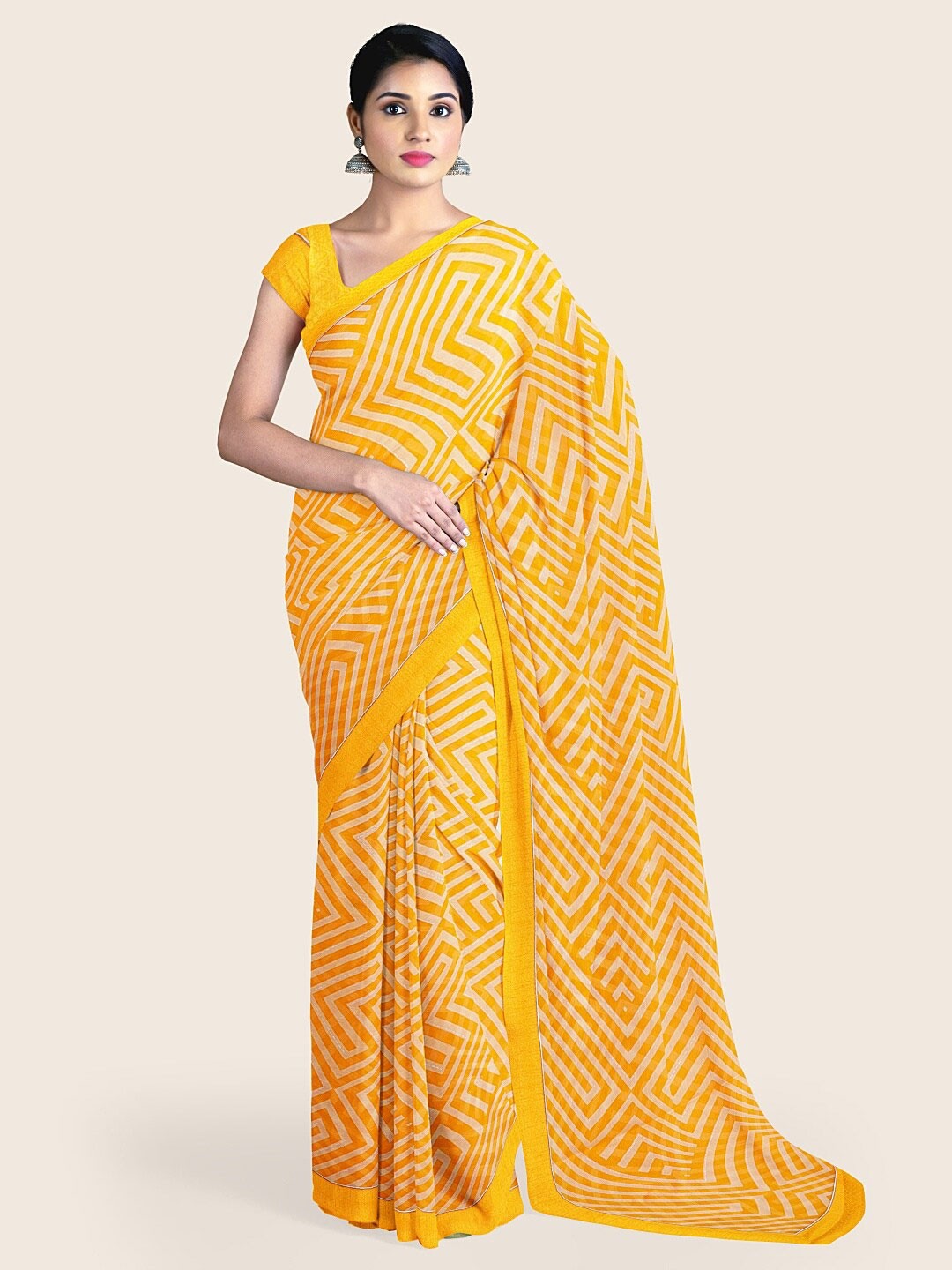 

Pothys Yellow & White Printed Chiffon Saree