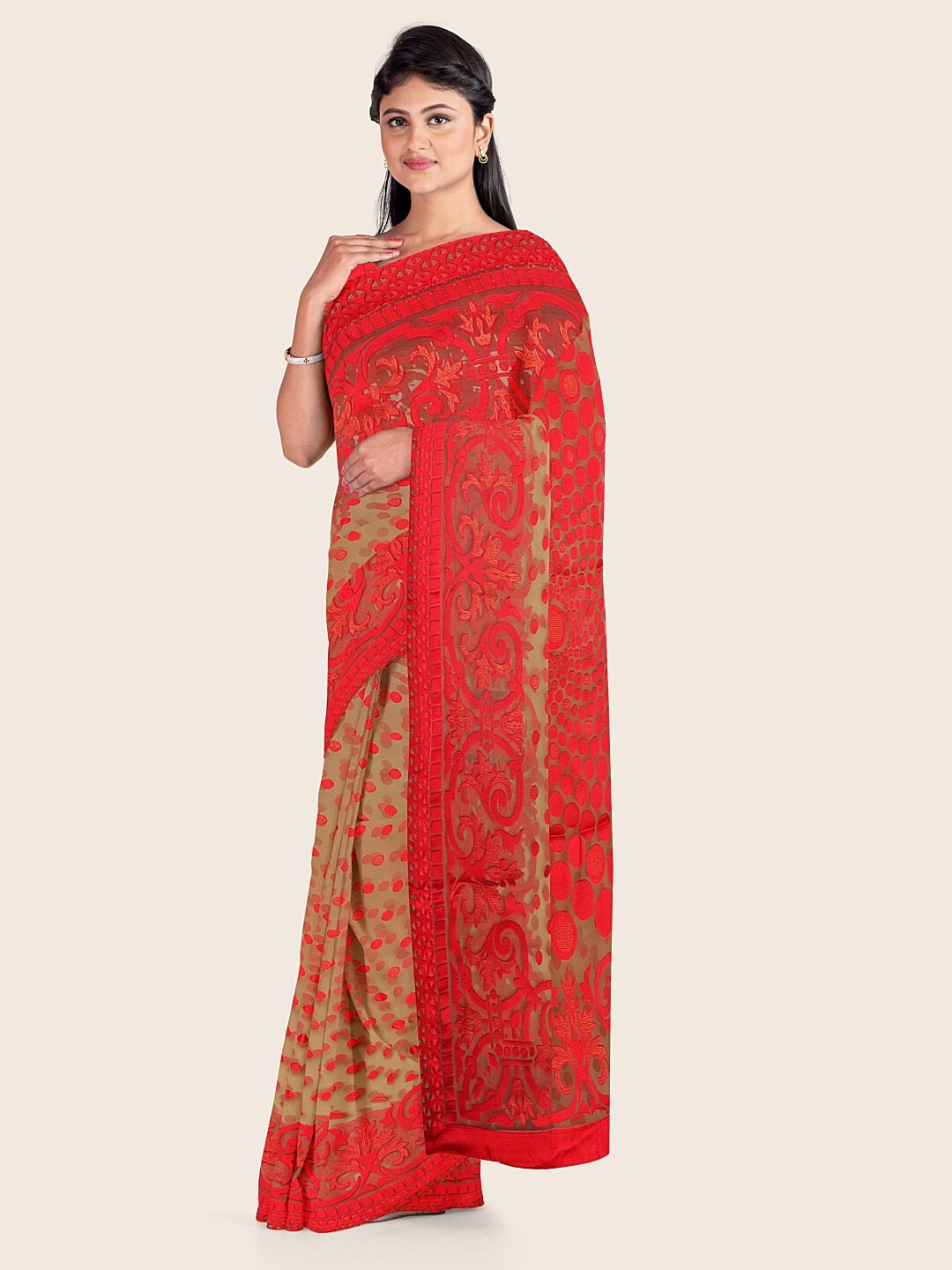 

Pothys Brown & Red Woven Design Tissue Saree