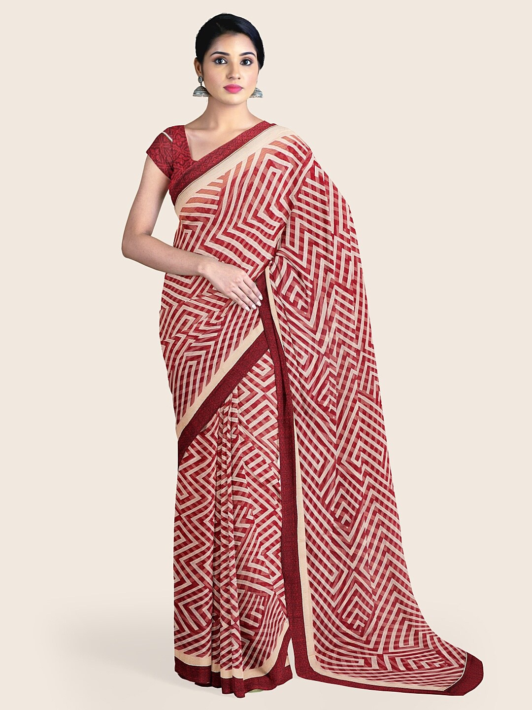 

Pothys Brown & Off White Geometric Printed Poly Chiffon Saree