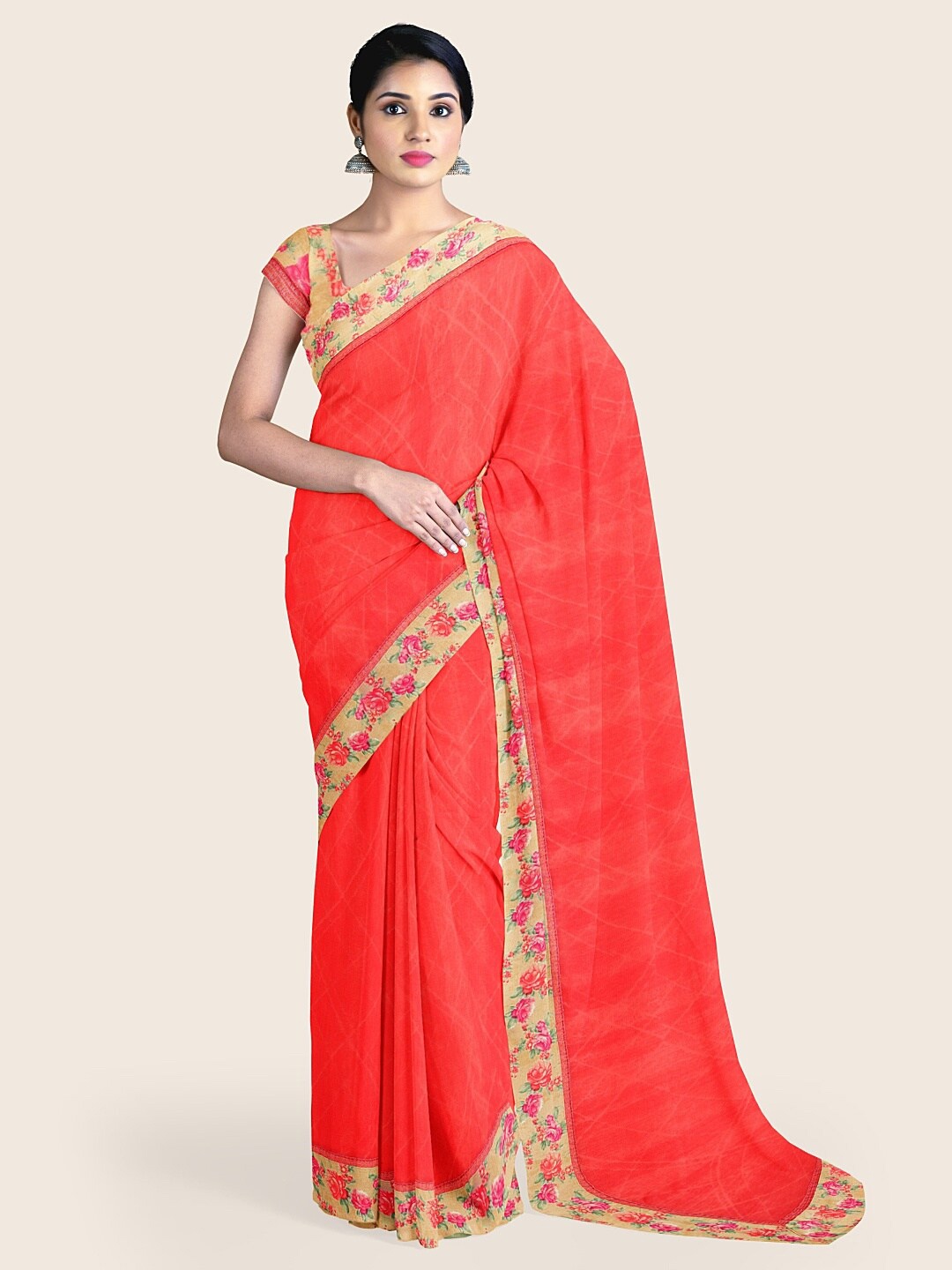 

Pothys Coral & Beige Chiffon Saree