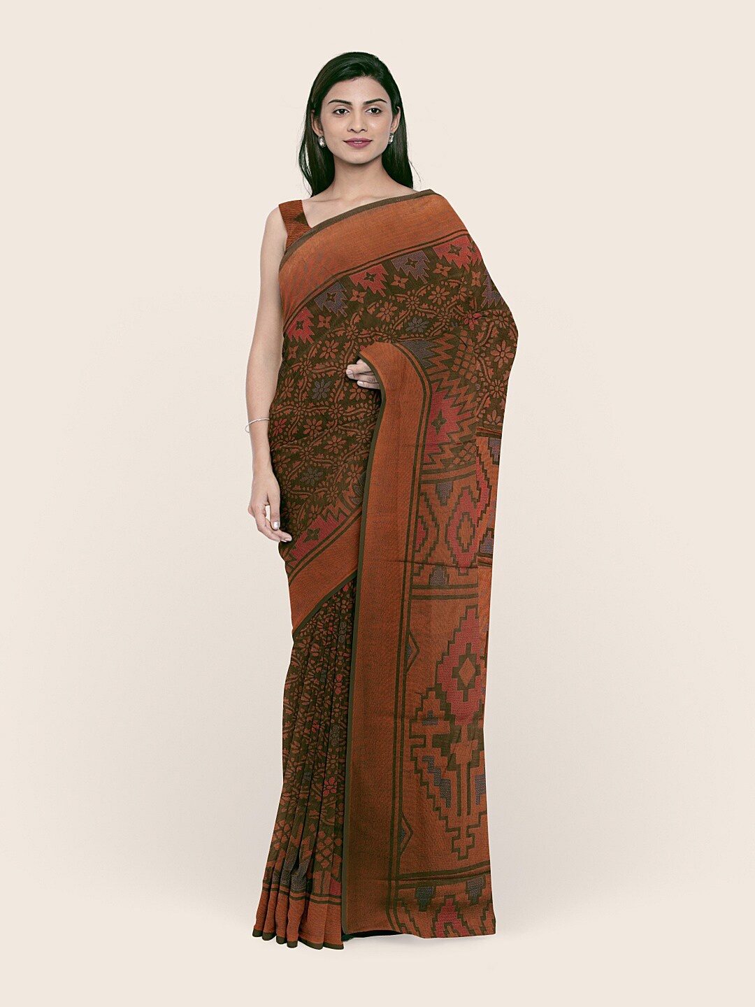 

Pothys Green & Orange Ethnic Motifs Printed Cotton Blend Saree