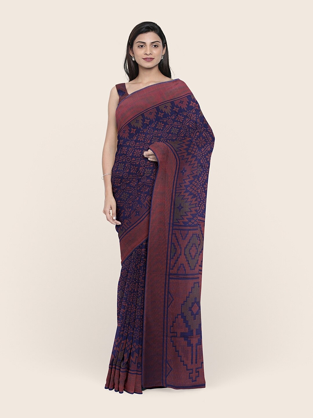 

Pothys Blue & Brown Floral Printed Cotton Blend Saree