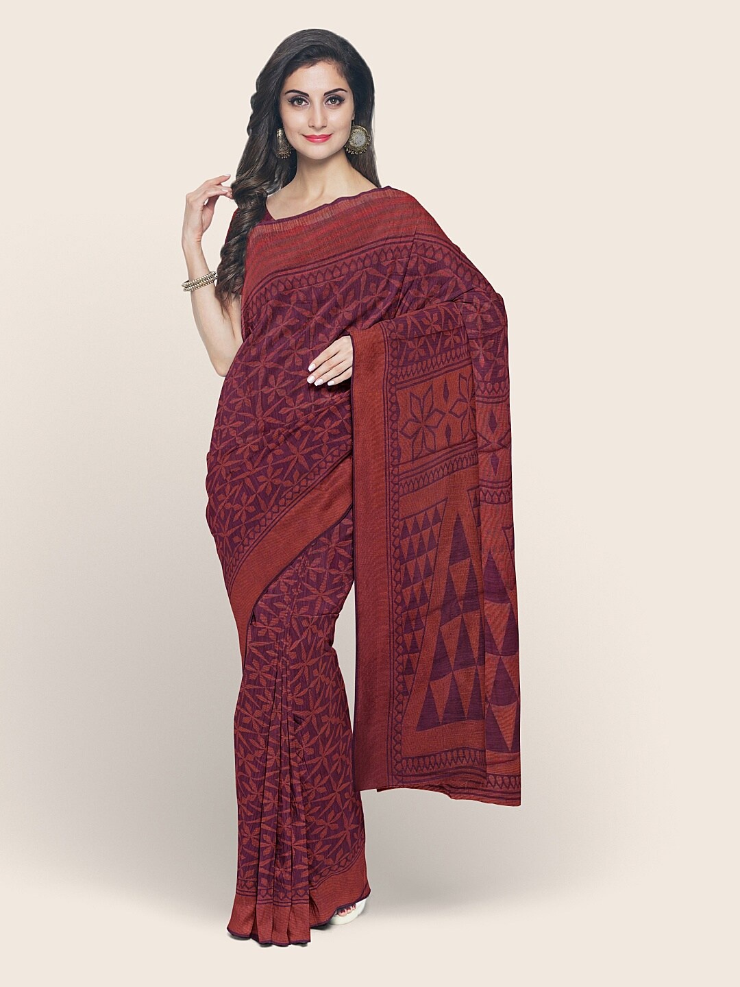 

Pothys Violet & Brown Ethnic Motifs Printed Cotton Blend Saree