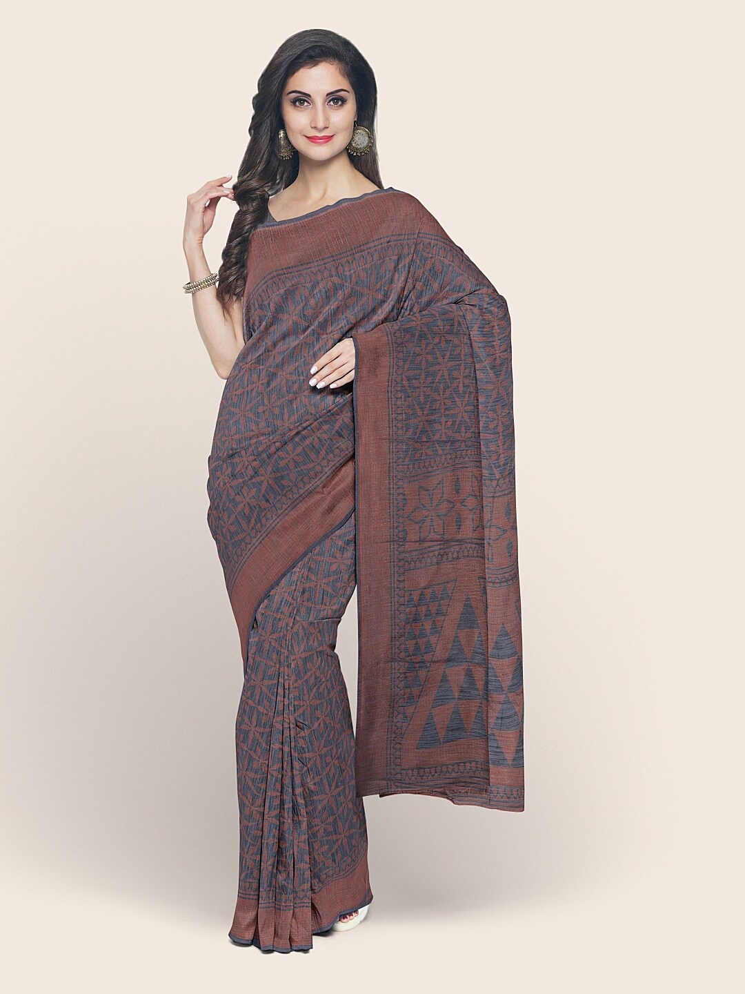 

Pothys Grey & Brown Geometric Printed Cotton Blend Saree
