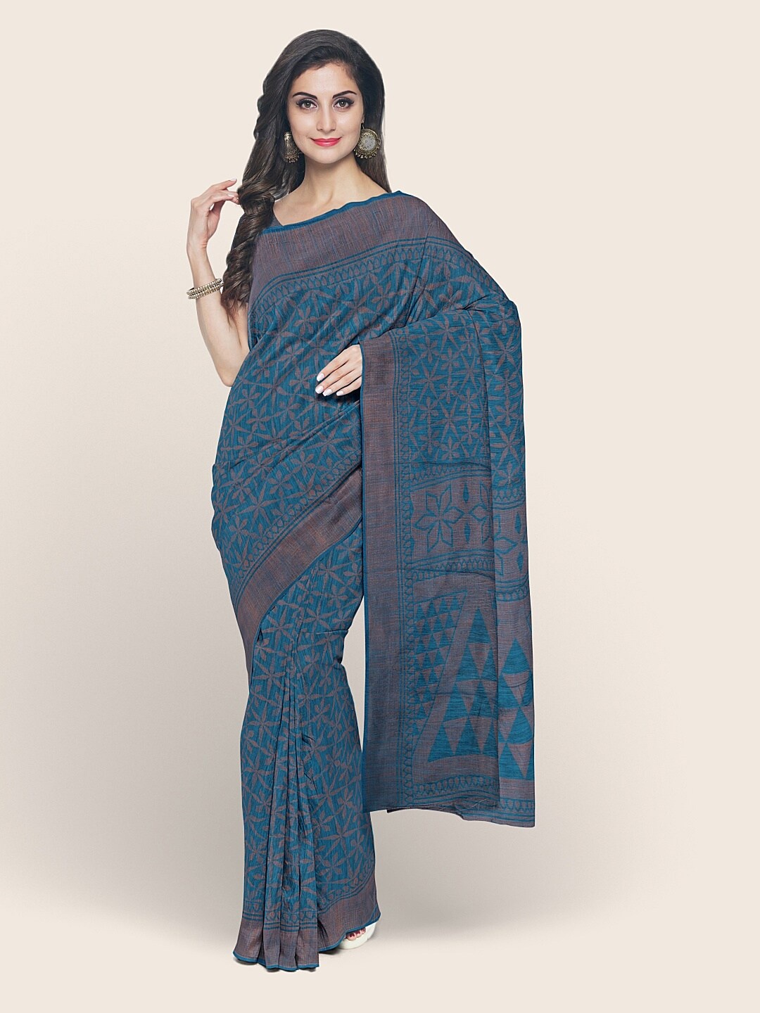 

Pothys Blue & Brown Ethnic Motifs Printed Cotton Blend Saree