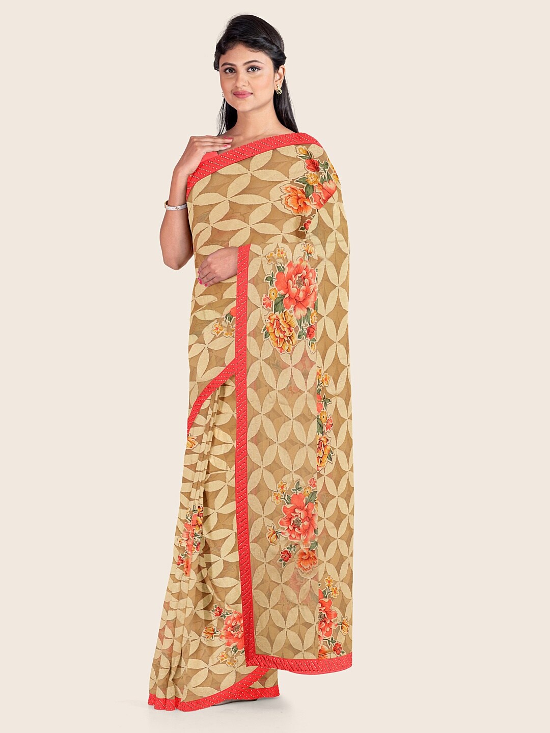 

Pothys Cream & Red Floral Printed Poly Chiffon Saree