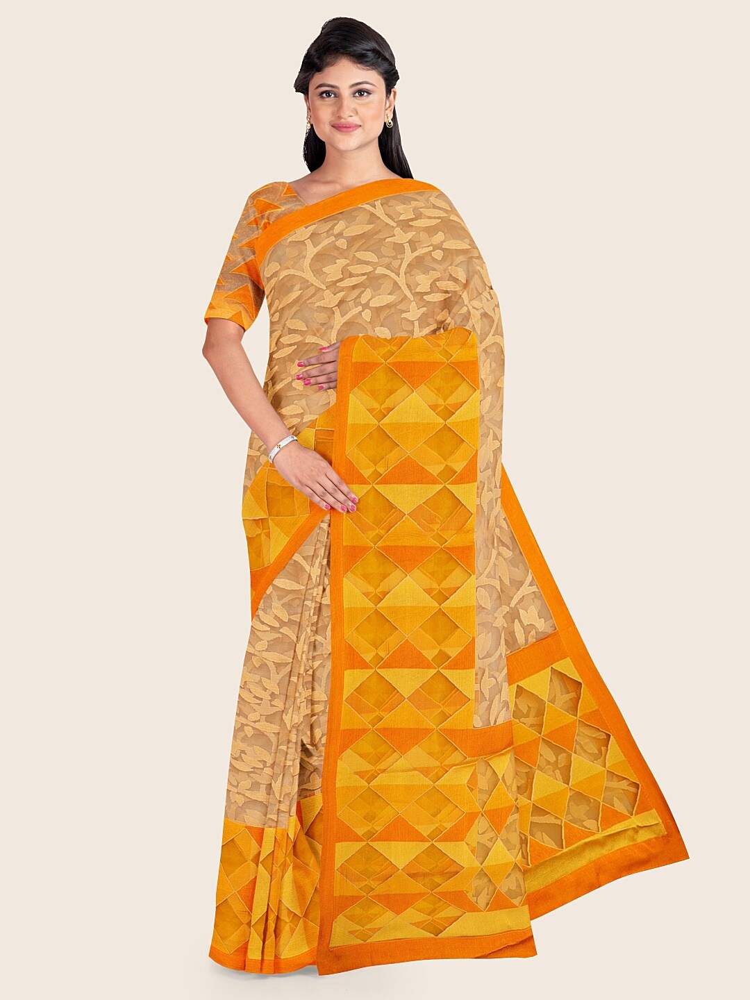 

Pothys Yellow & Orange Floral Tissue Saree