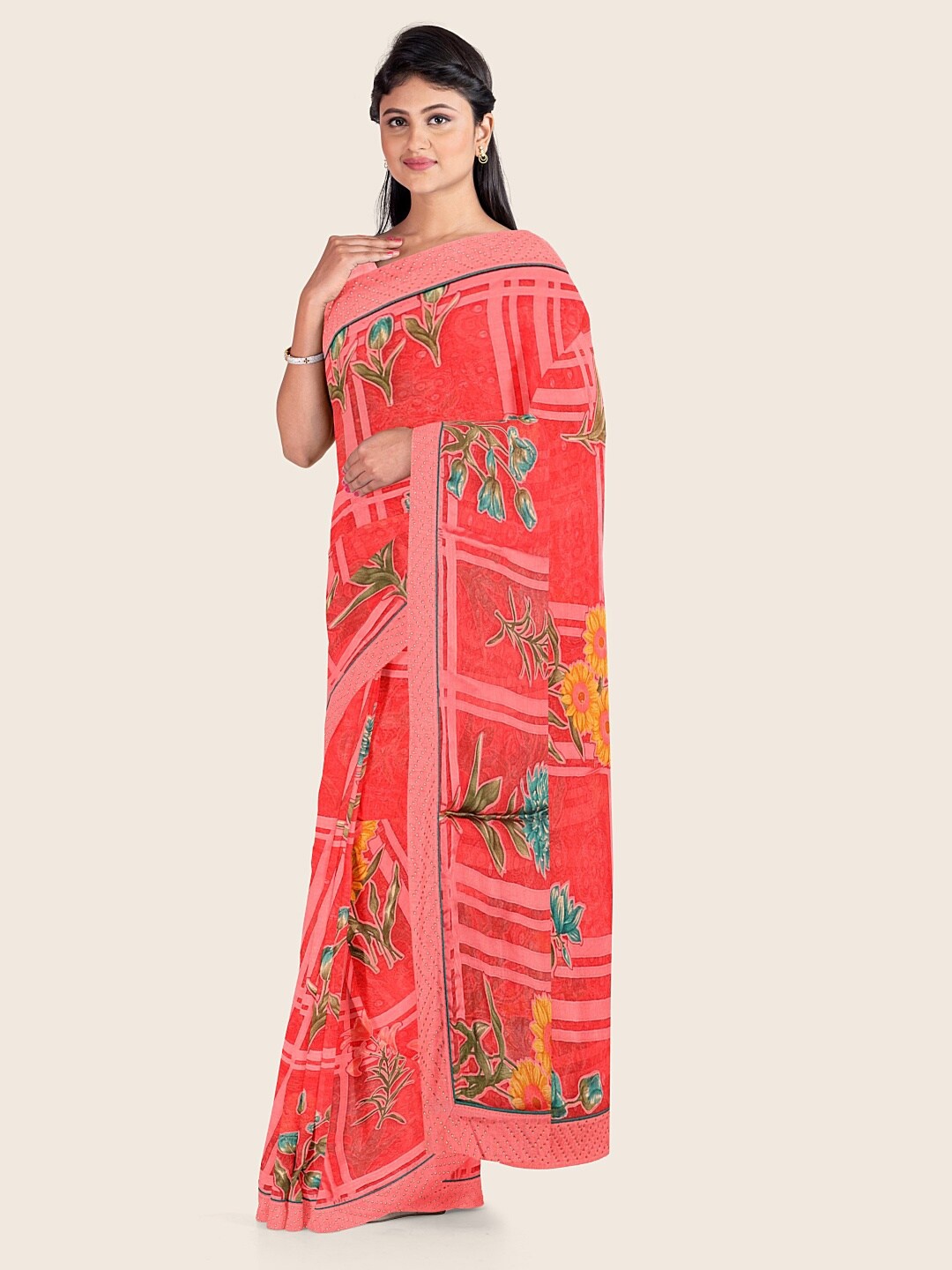 

Pothys Pink & Blue Floral Printed Poly Chiffon Saree