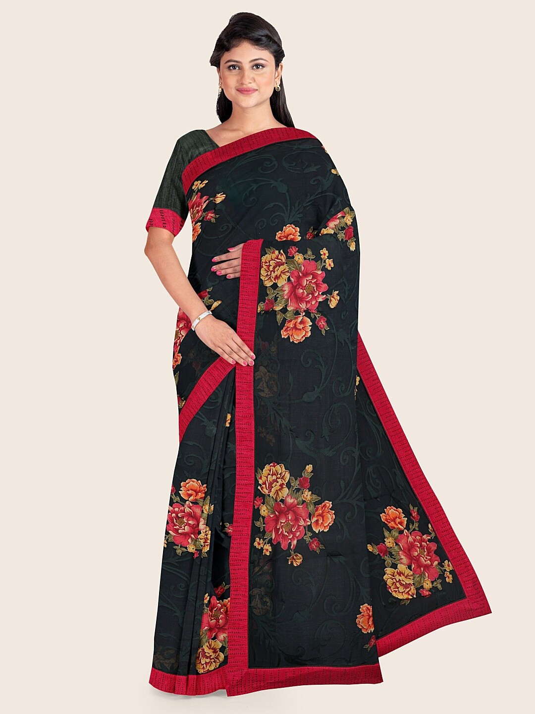 

Pothys Green & Red Floral Printed Poly Chiffon Saree